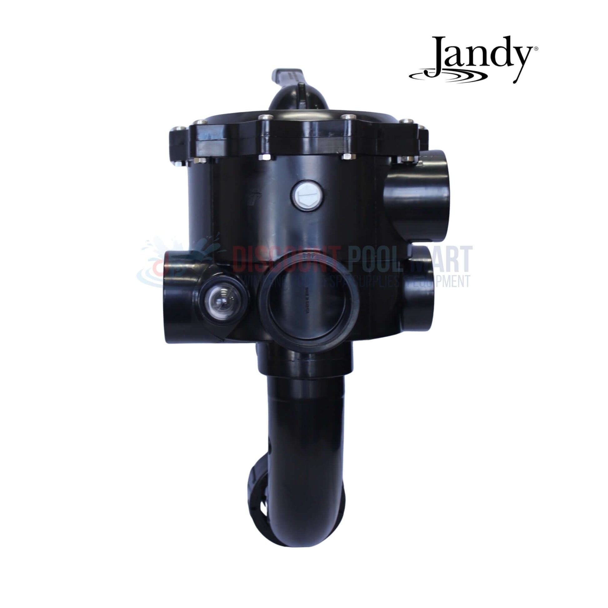 A0553645 | Jandy DEL48/60 2" Side Mount Multiport Valve, black, showing levers and ports, ideal for pool supplies by Discount Pool Mart.