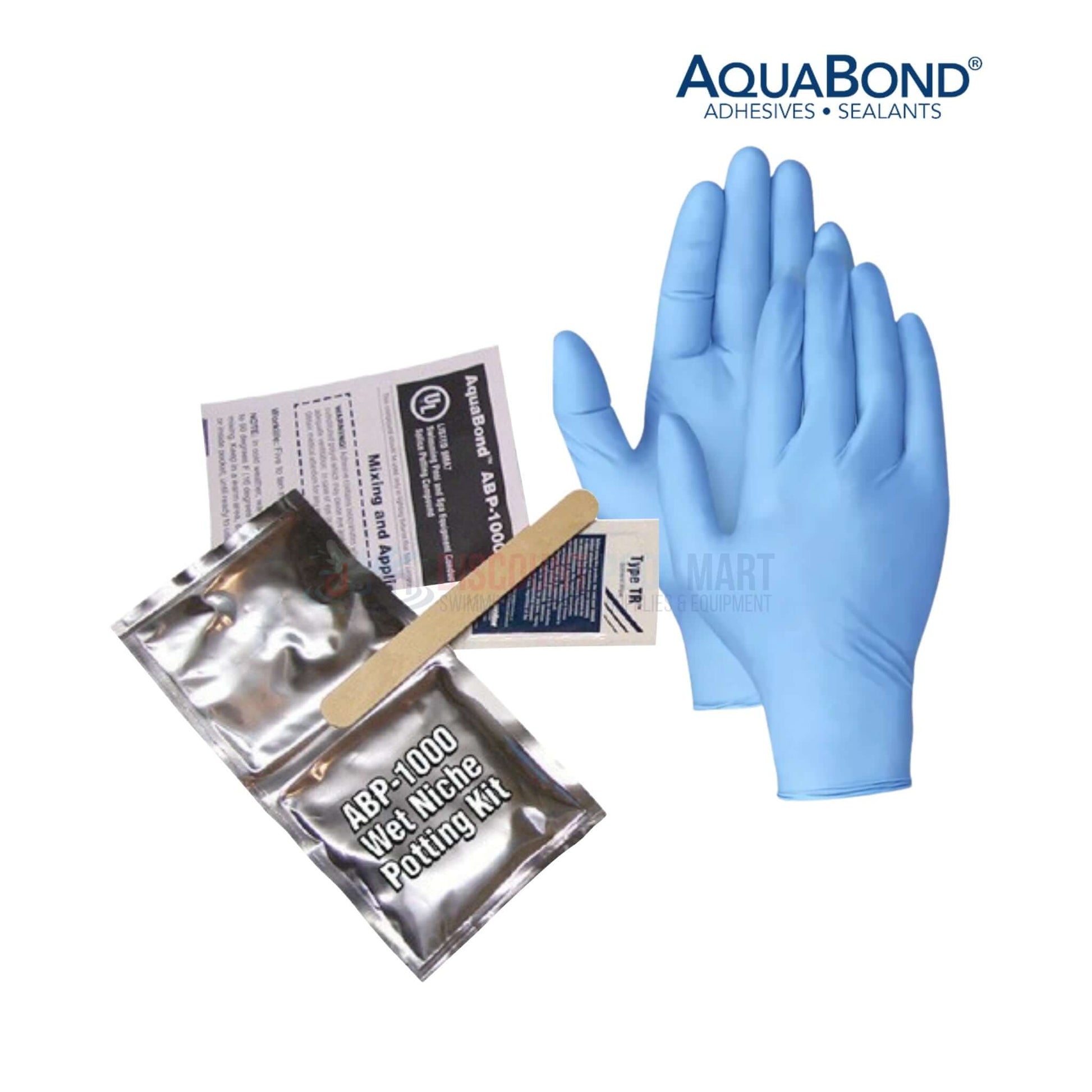 Aquabond ABP-1000 Wet Niche Potting Compound Kit with blue gloves, applicator stick, and instructions from Discount Pool Mart.