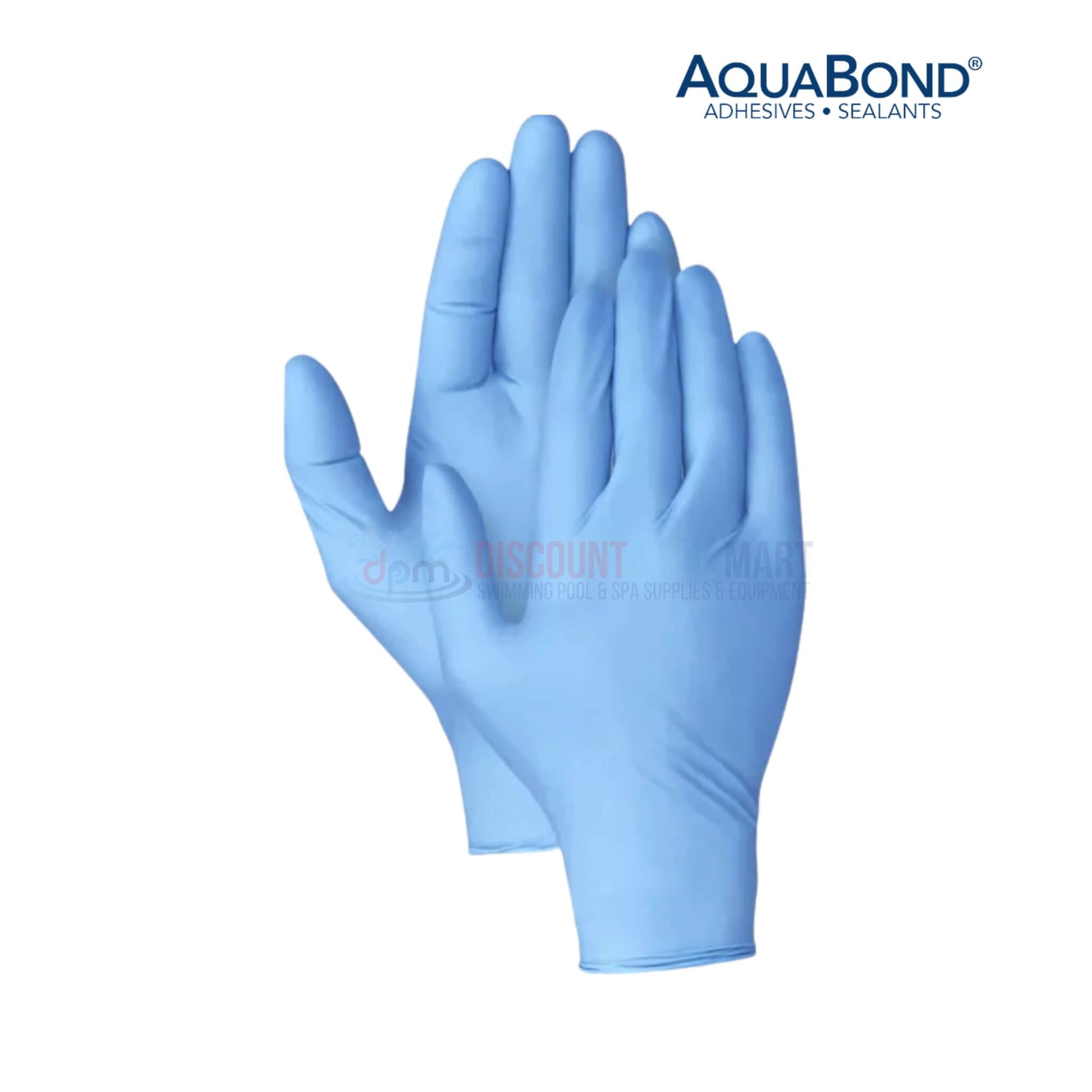 Aquabond blue gloves for pool supplies, ensuring safety during usage of sealants and adhesives. Discount Pool Mart offers quality products.