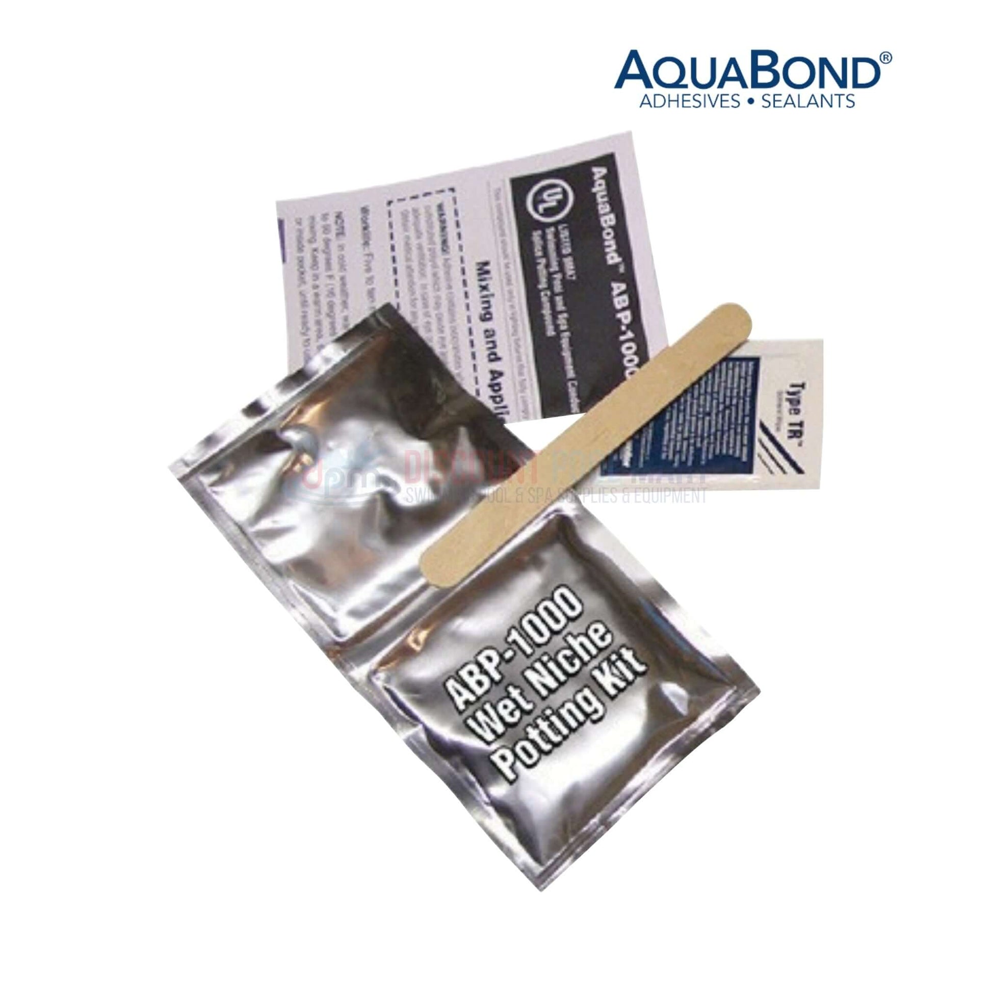 ABP-1000 Aquabond Wet Niche Potting Kit with instruction sheets and stir stick, for bonding pool light lugs at Discount Pool Mart.