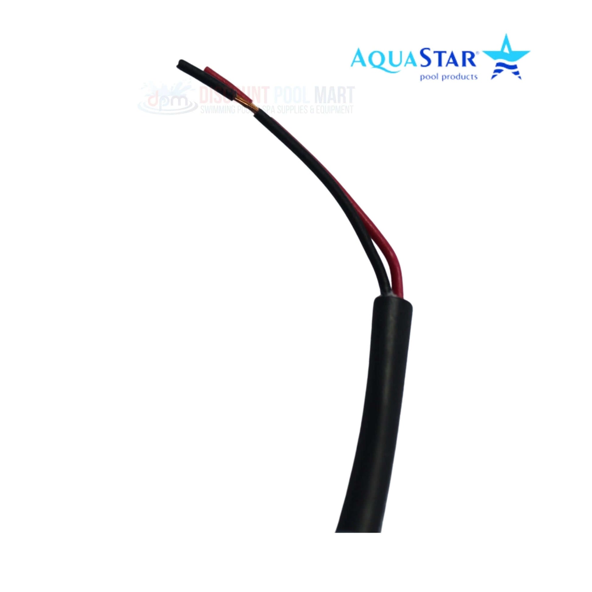 Close-up of AP2006 | AquaStar Communication Cable 20' for Pipeline Pump, showcasing red and black wires. From Discount Pool Mart, DPM.
