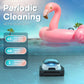 Aiper Scuba N1 Cordless Robotic Pool Cleaner in a swimming pool with a pink flamingo float, emphasizing periodic cleaning features.