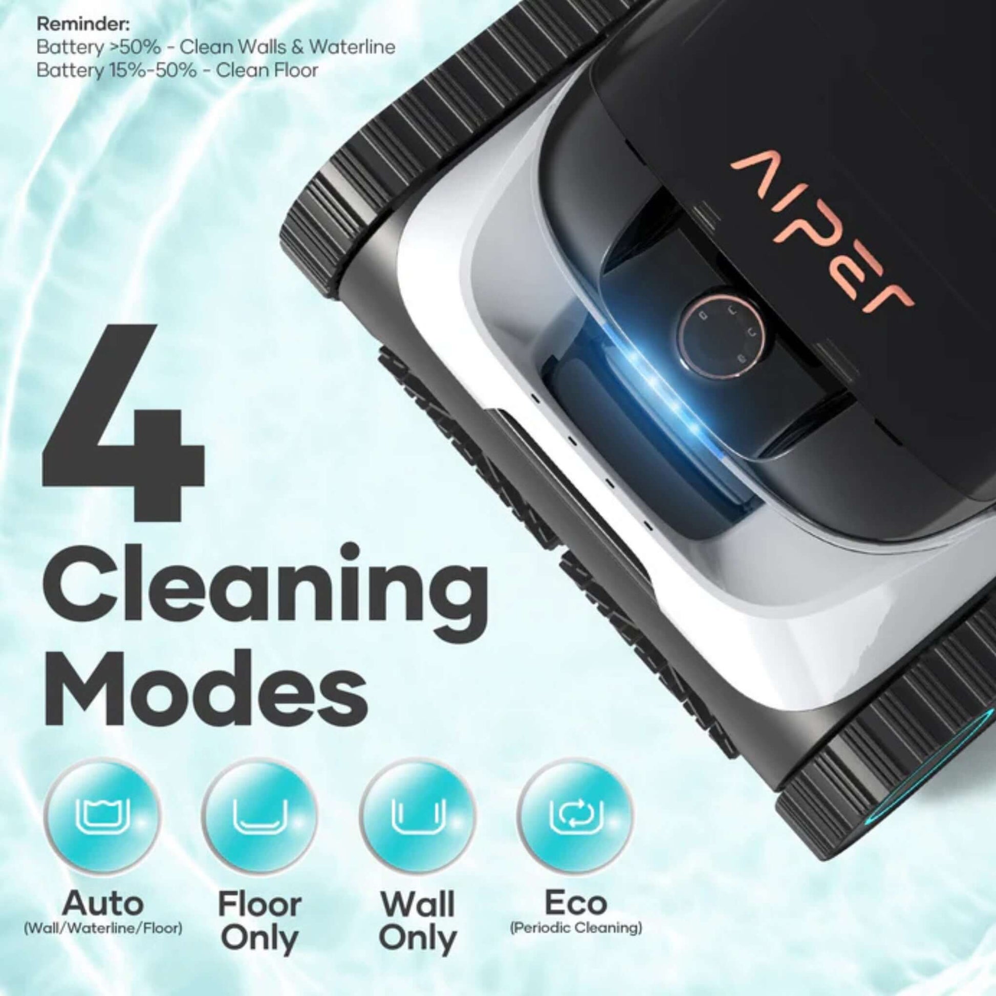 Aiper Scuba N1 Cordless Robotic Pool Cleaner showing 4 cleaning modes: Auto, Floor Only, Wall Only, Eco from Discount Pool Mart.