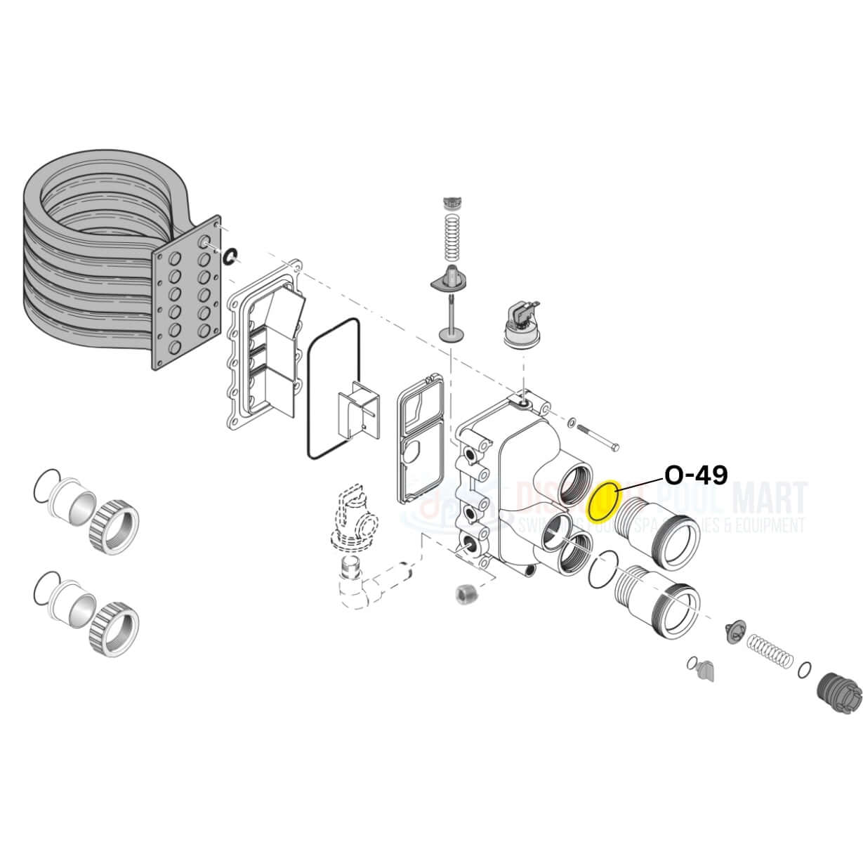 Aladdin Connector Tube O-Ring O-49 assembly diagram for Pentair MasterTemp heaters from Discount Pool Mart DPM.