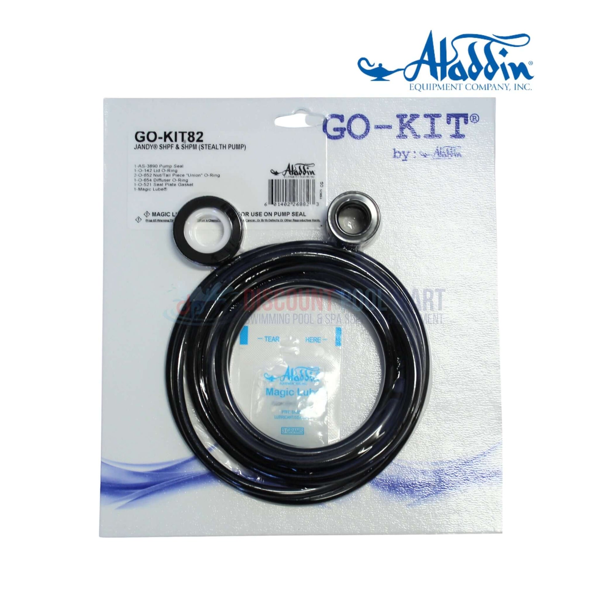 Aladdin GO-KIT82 O-Ring Repair Kit | Jandy Stealth Pump with seals and gaskets, shown on packaging from Discount Pool Mart.