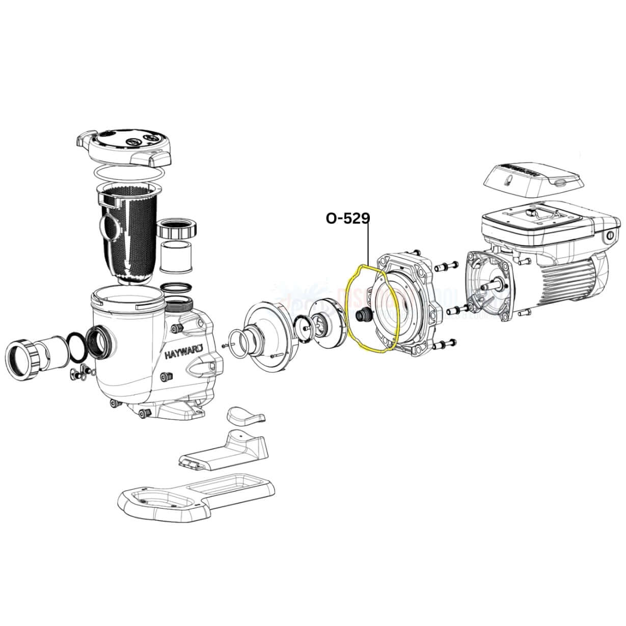 Exploded view diagram showing Hayward TriStar and EcoStar pump parts, highlighting O-529 O-Ring for optimal performance.