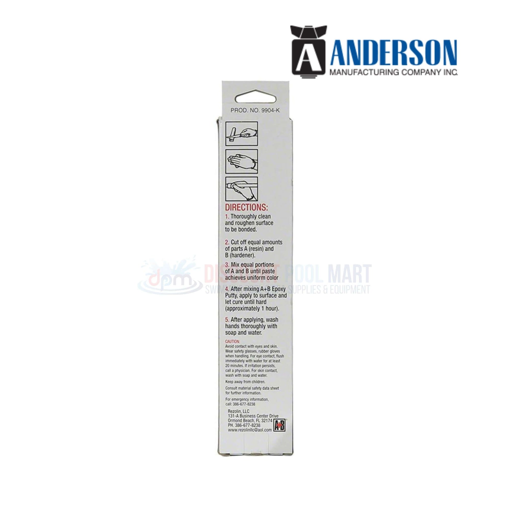 Anderson A+B Epoxy Putty 9904K directions and instructions on packaging, available at Discount Pool Mart DPM.
