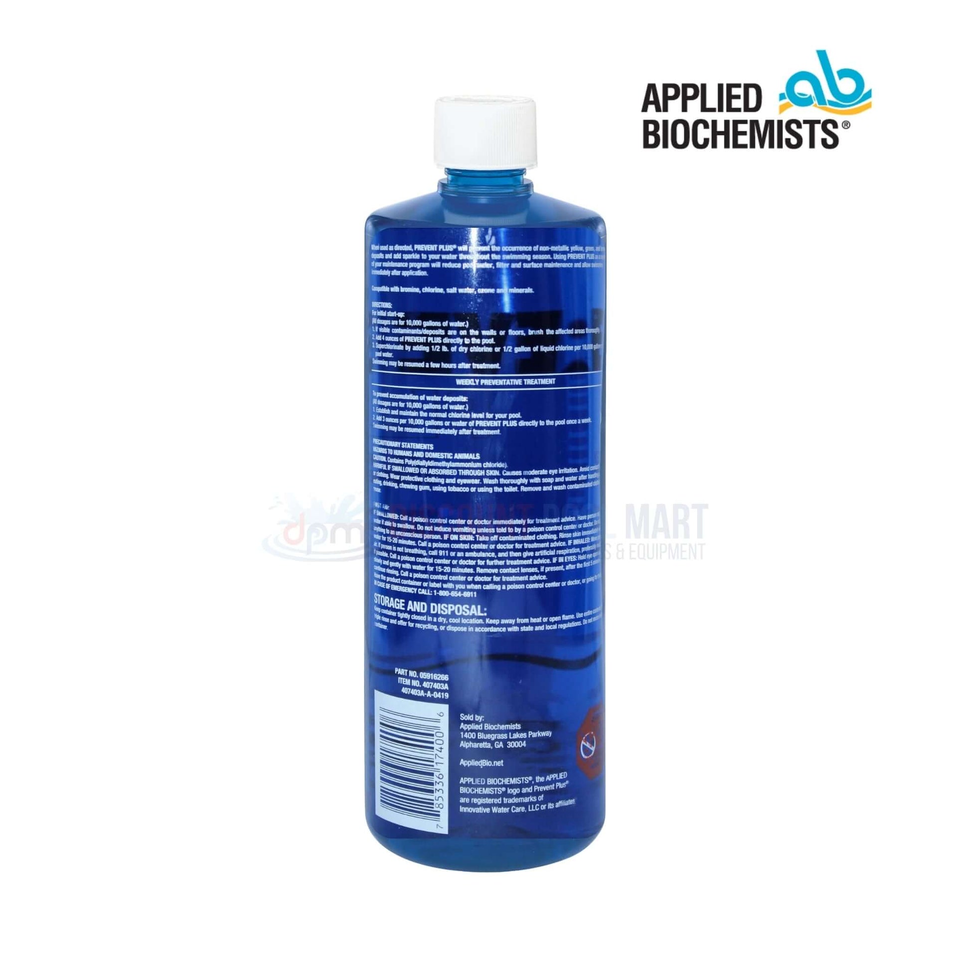 Applied Biochemists Prevent Plus Clarifier 32oz bottle from Discount Pool Mart DPM, ideal for clear pool water maintenance.