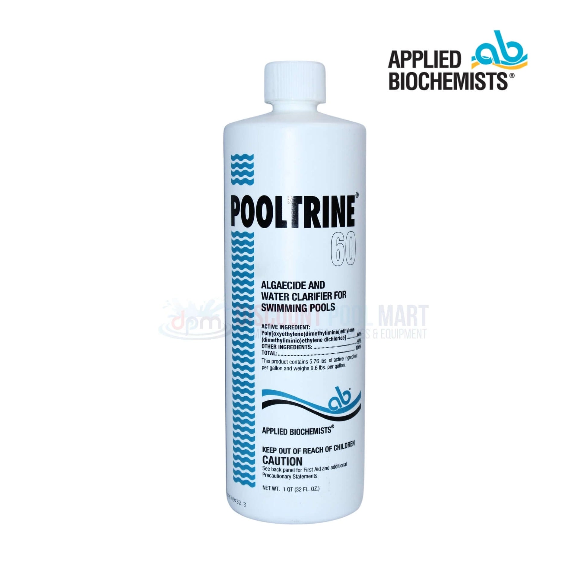 Applied Biochemists Pooltrine 60 Algaecide Clarifier from Discount Pool Mart DPM, 1 quart bottle for effective pool maintenance.