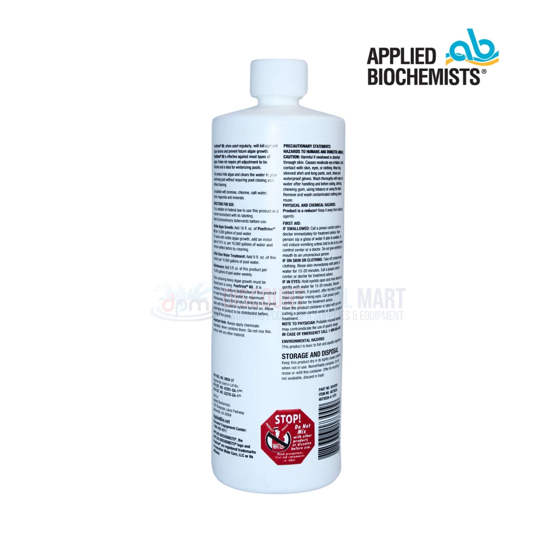 Applied Biochemists Pooltrine 60 Algaecide Clarifier 407303 bottle, available at Discount Pool Mart DPM.