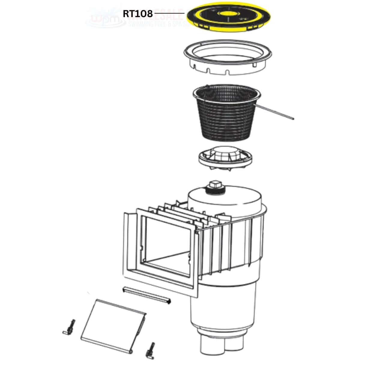 AquaStar RT108 round skimmer lid and assembly parts illustration for Discount Pool Mart DPM. UV-tested, durable design.