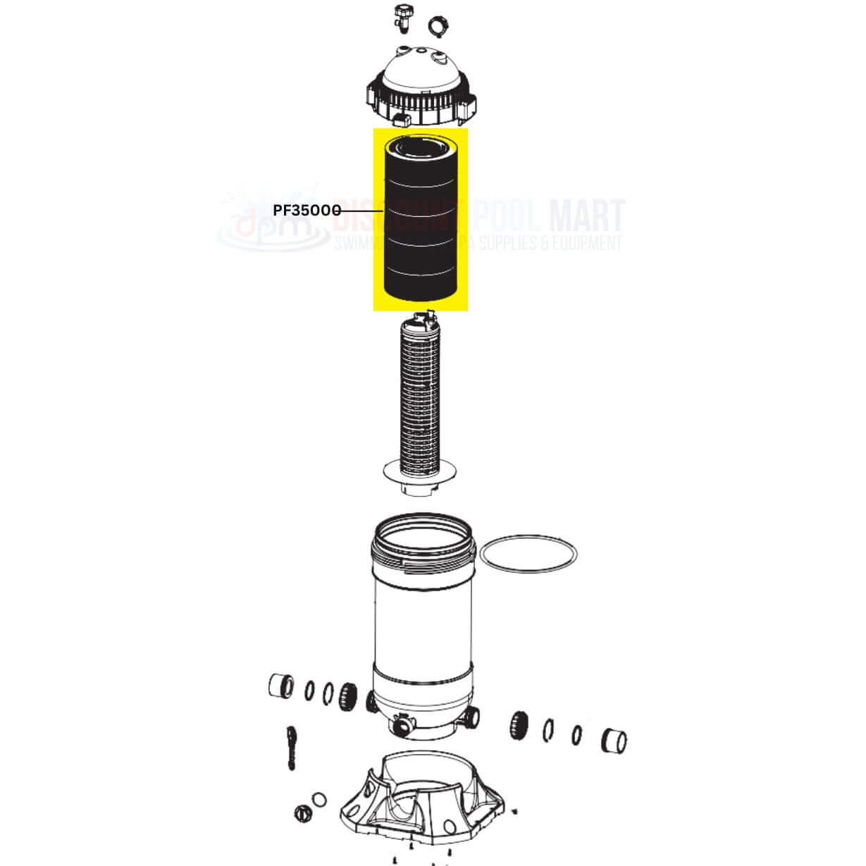 Exploded view of AquaStar PF35000 cartridge for PLF35000 filters from Discount Pool Mart DPM, showing component assembly.