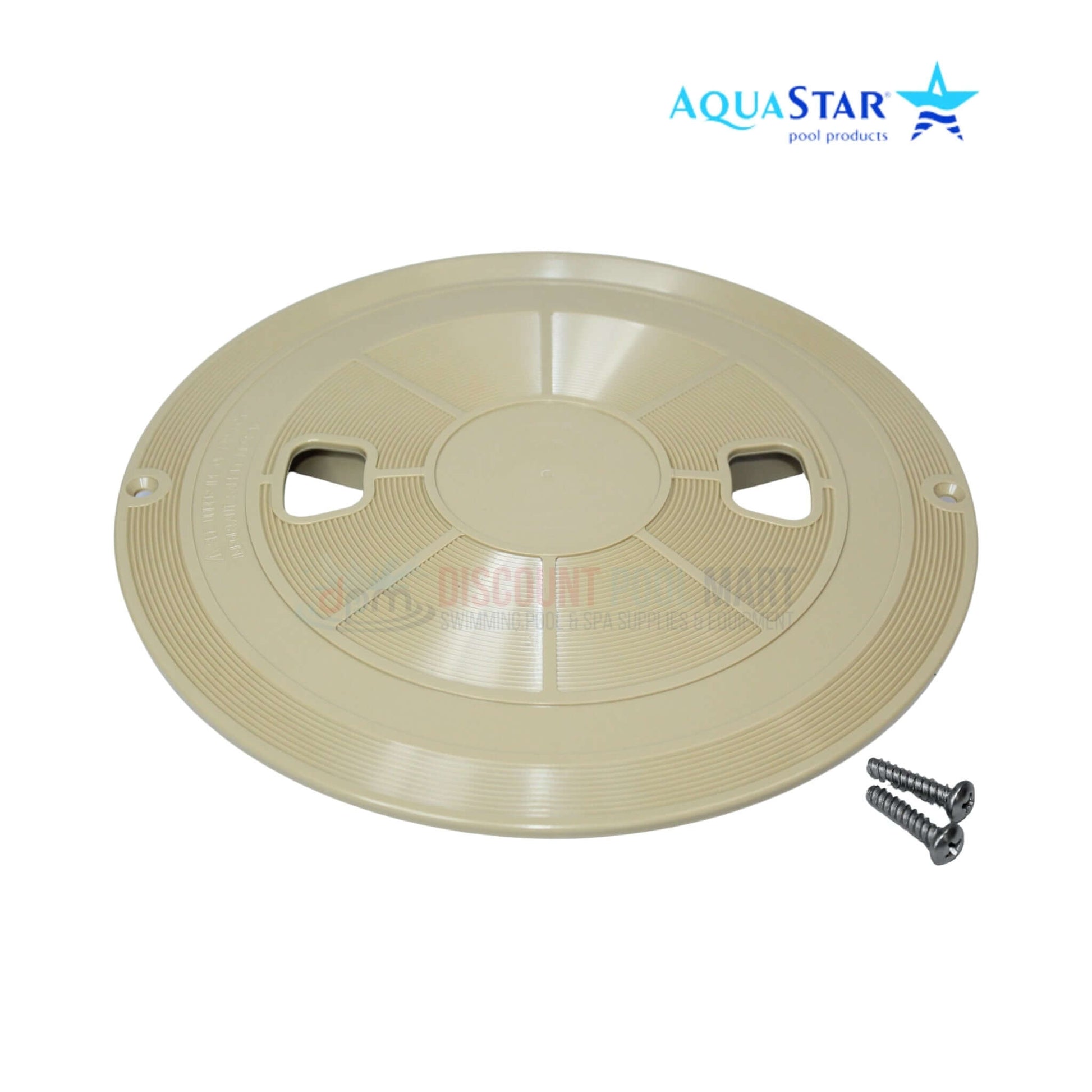 AquaStar Round Skimmer Lid RT108 in Tan color with screw, compatible with Discount Pool Mart DPM for effective pool maintenance.