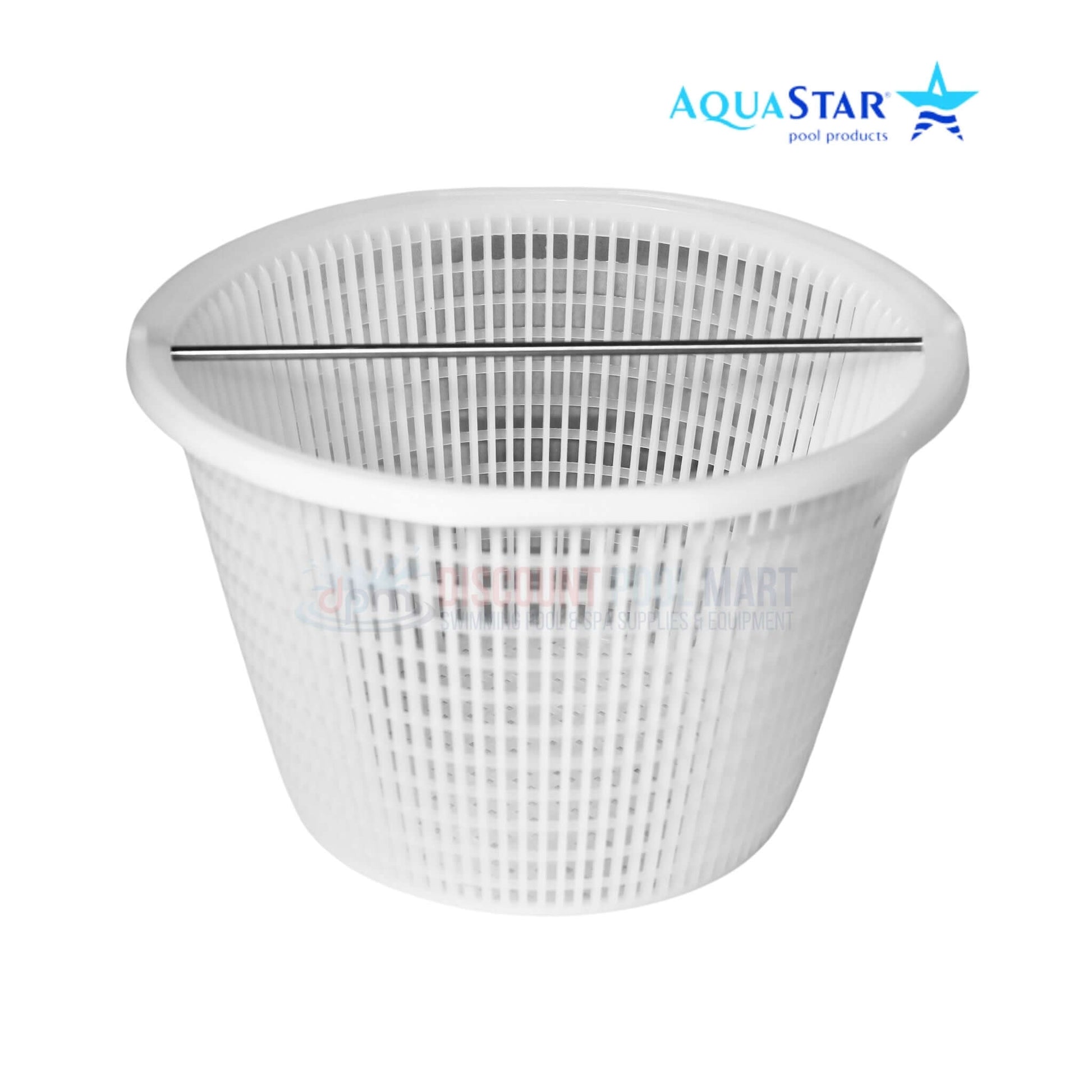 AquaStar Skimmer Basket SK6 with stainless steel handle from Discount Pool Mart, effective debris collector for pools.