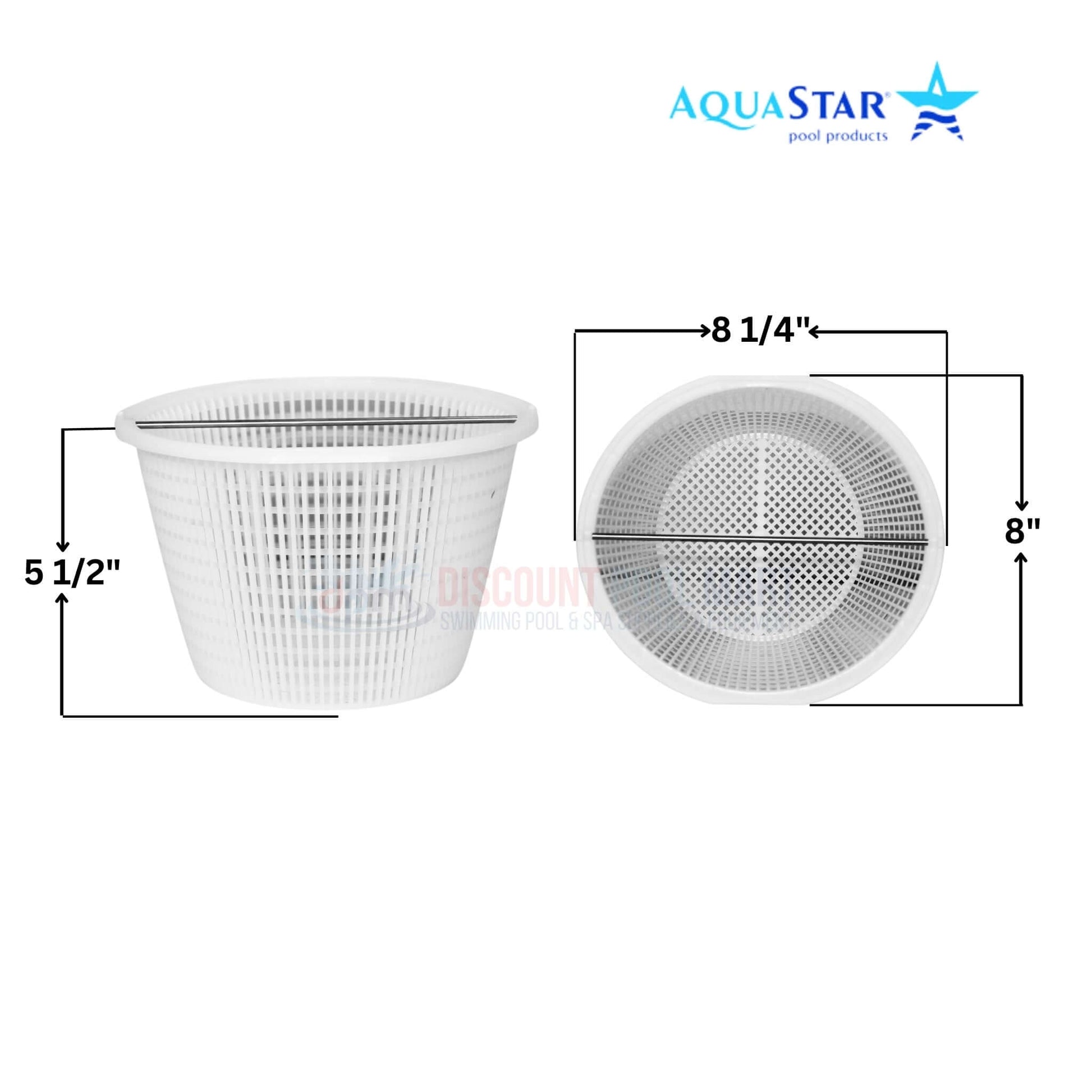 AquaStar Skimmer Basket SK6 with handle, dimensions 8.25" x 5.5", from Discount Pool Mart (DPM) for effective pool debris collection.