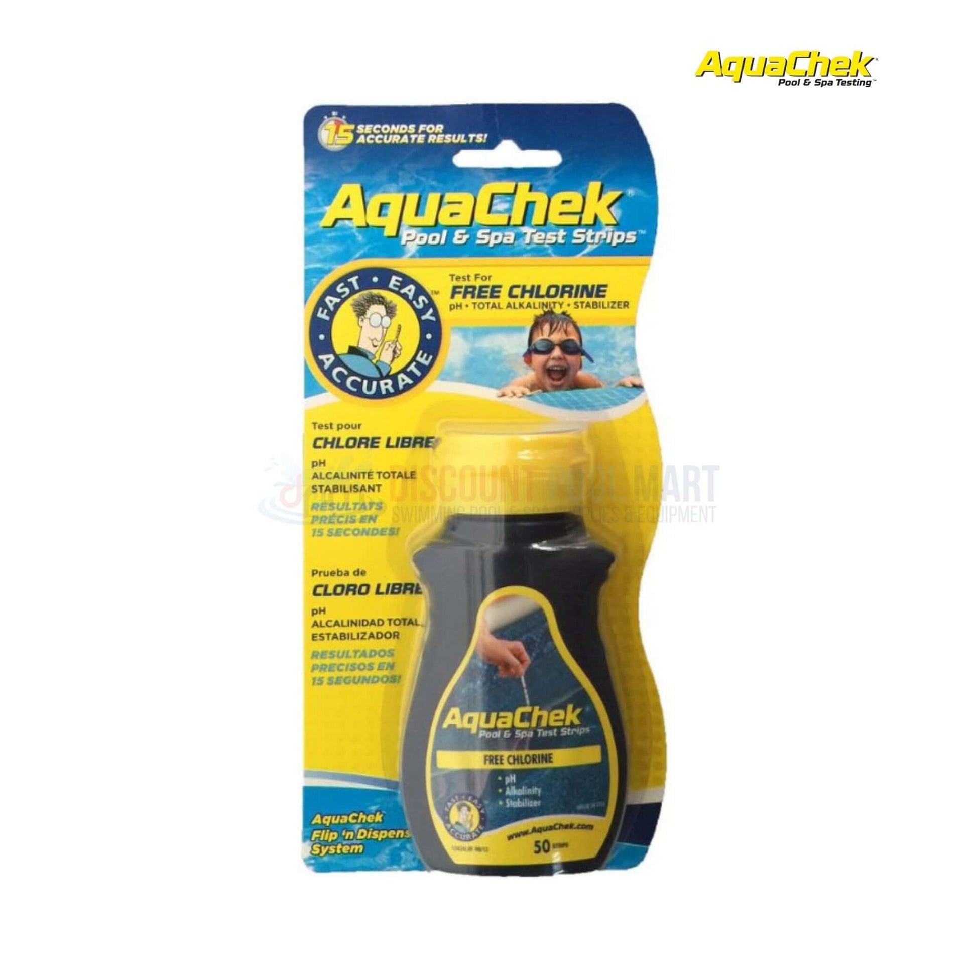 AquaChek Yellow Chlorine 4-In-1 Test Strips, 50 Strips, from Discount Pool Mart DPM for easy pool and spa water testing.