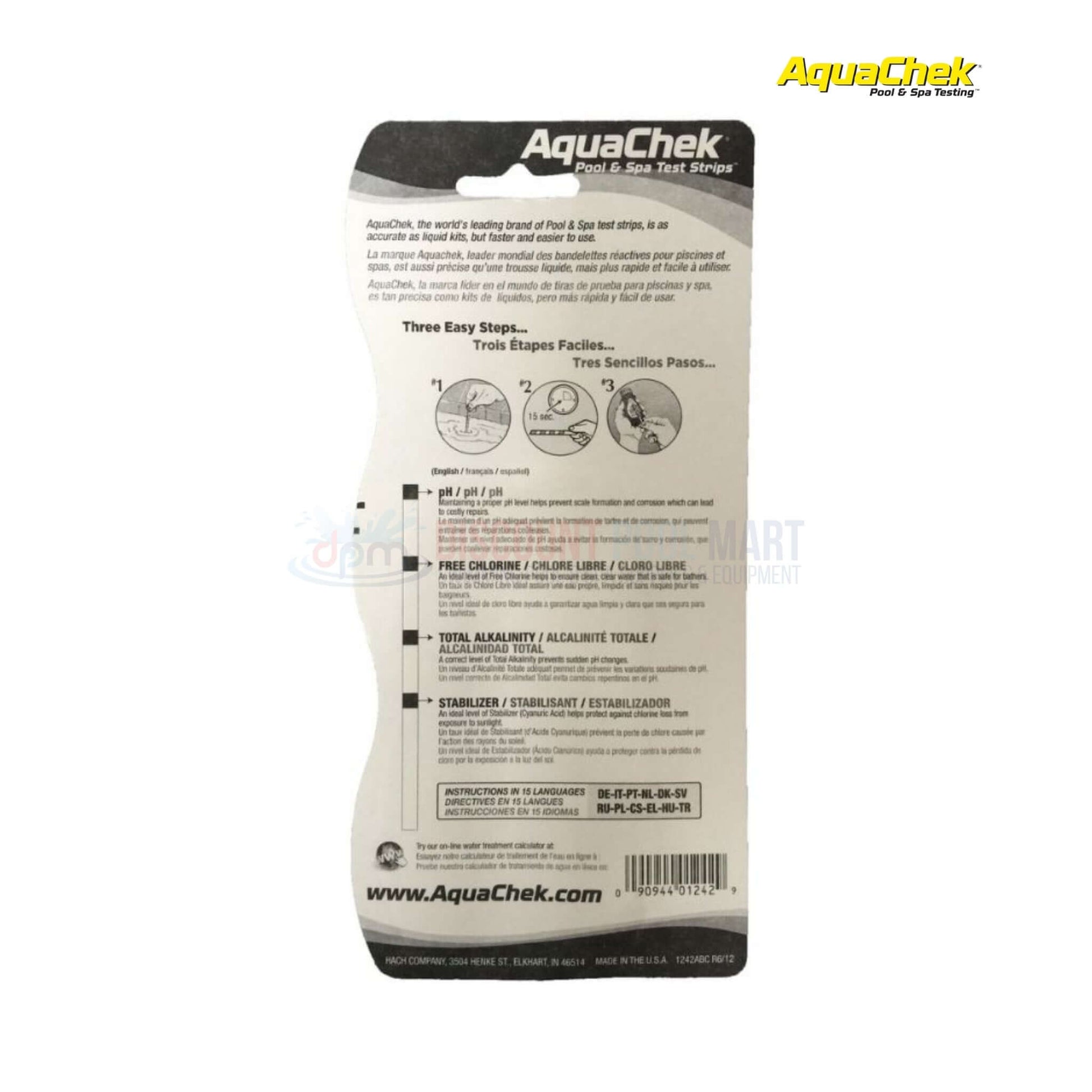 AquaChek 4-in-1 Test Strips back view, used for pool water testing from Discount Pool Mart DPM.