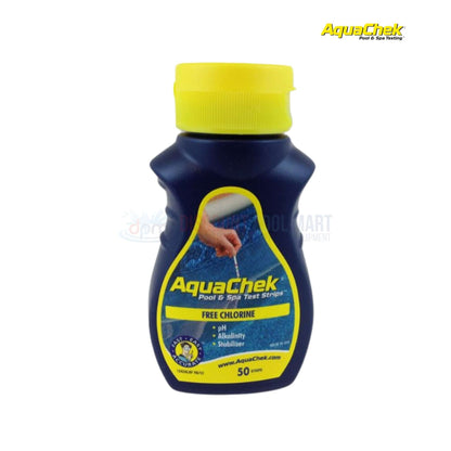 AquaChek Yellow 4-in-1 test strips for pools and spas from Discount Pool Mart, testing chlorine, pH, alkalinity, 50 strips.