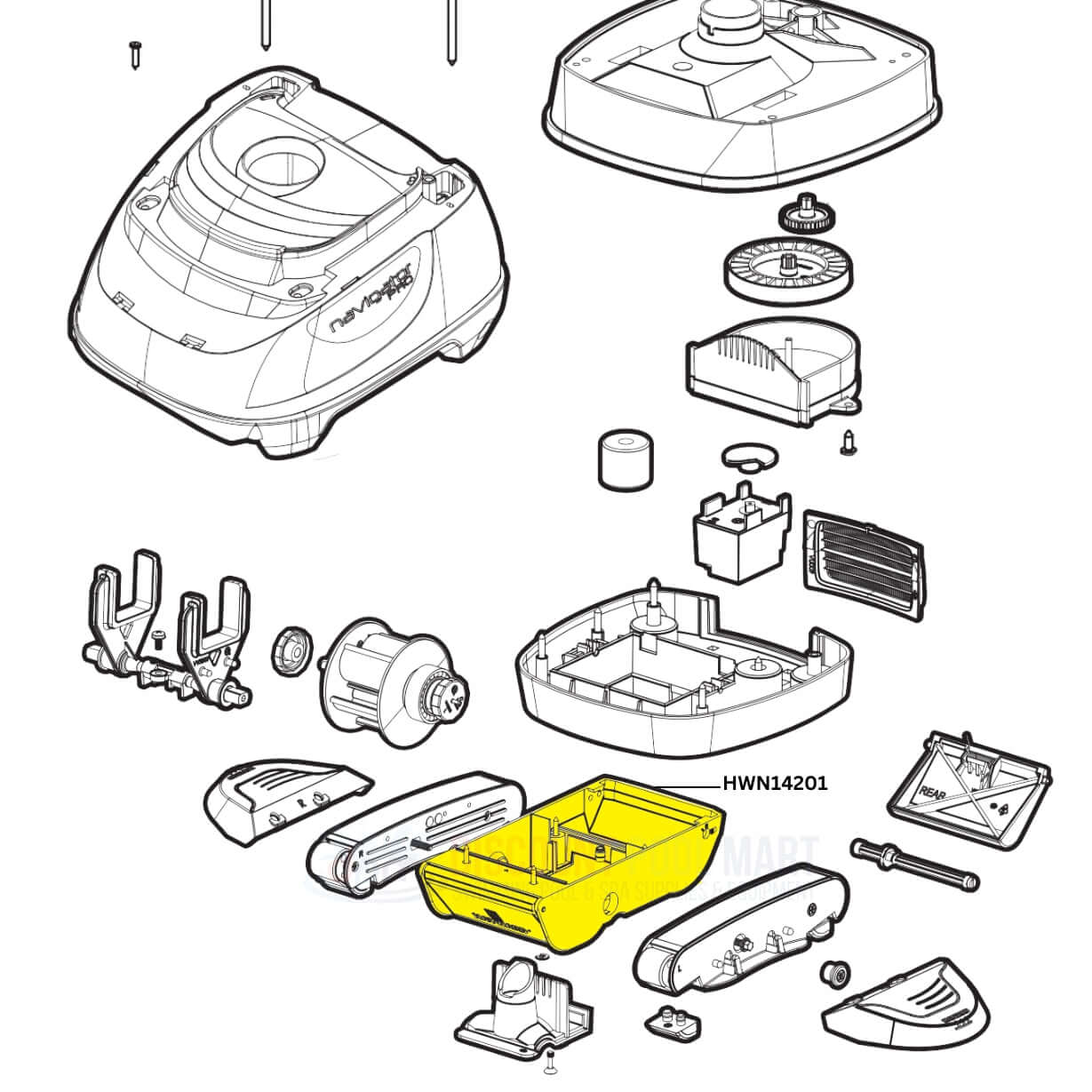 Aquastar Lower Body for Hayward Navigator pool vac cleaners, model HWN14201, components illustration by Discount Pool Mart DPM.