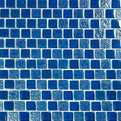 Artistry in Mosaics 1x1 Blue Glass Tiles by Discount Pool Mart, 1 sq ft, SS82323B1, vibrant modern mesh-mounted design.