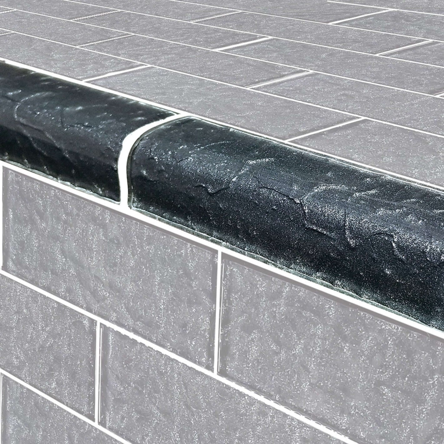 Artistry in Mosaics 2x6 glass tiles Moonscape Series Black Trim, sleek texture detail, TRIM-MS826K1, Discount Pool Mart DPM.