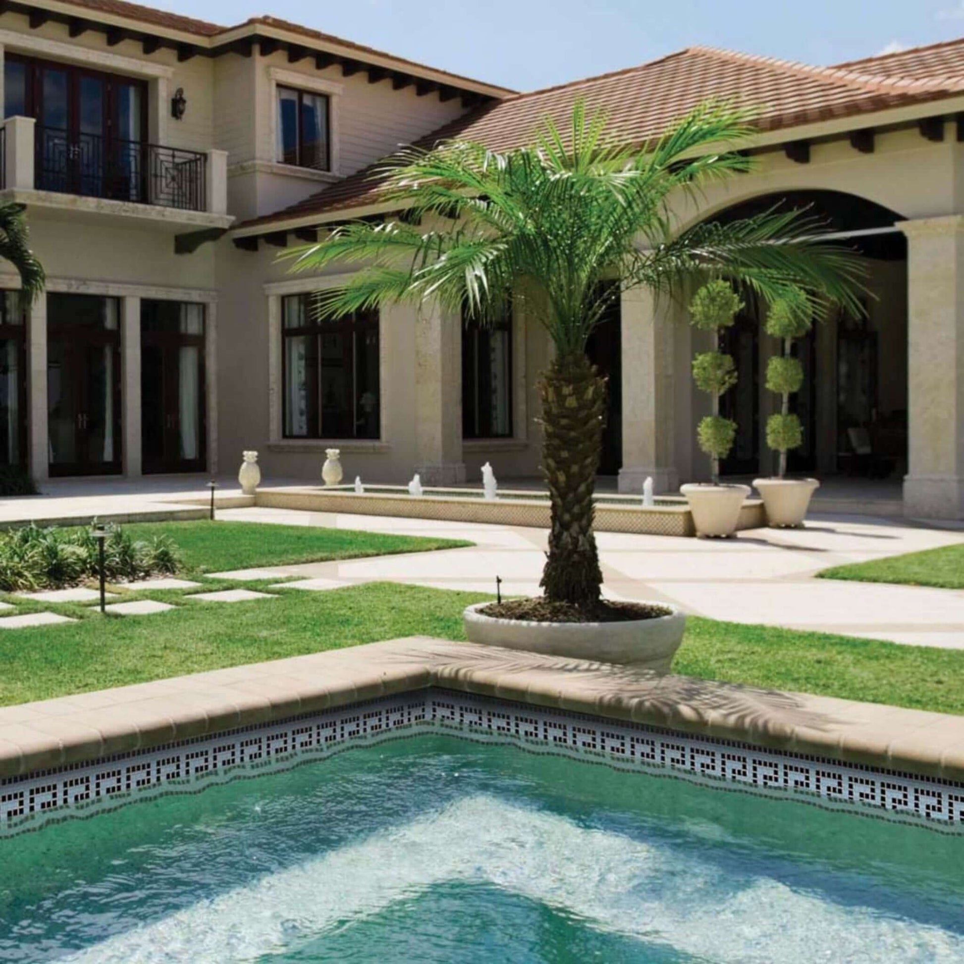 Luxurious backyard pool area featuring palm tree and elegant architecture with Greek key tile design by Discount Pool Mart DPM.