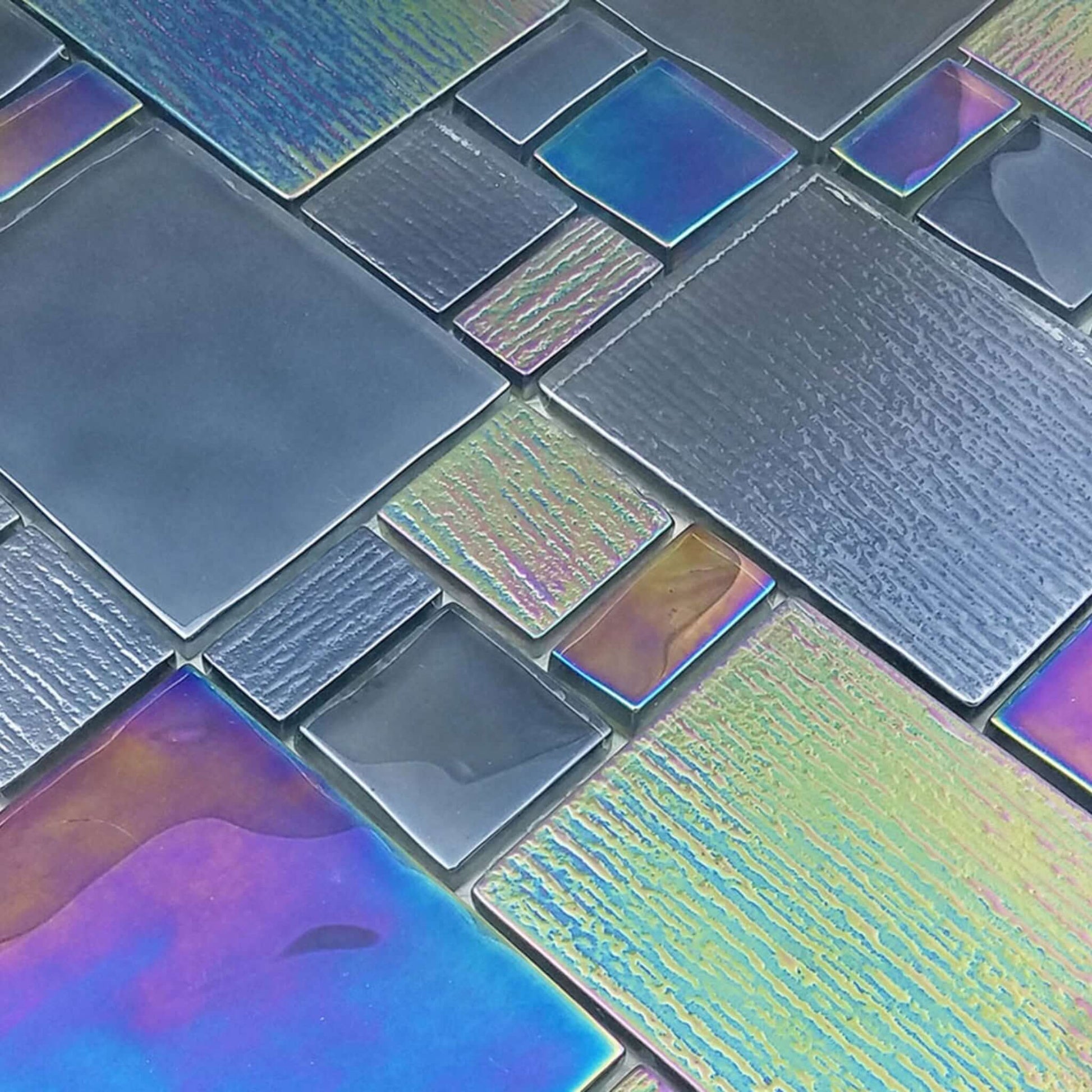Artistry in Mosaics Avalon Series Glass Tiles in Gray with iridescent finish, SKU AV8MXK10. Discount Pool Mart DPM.