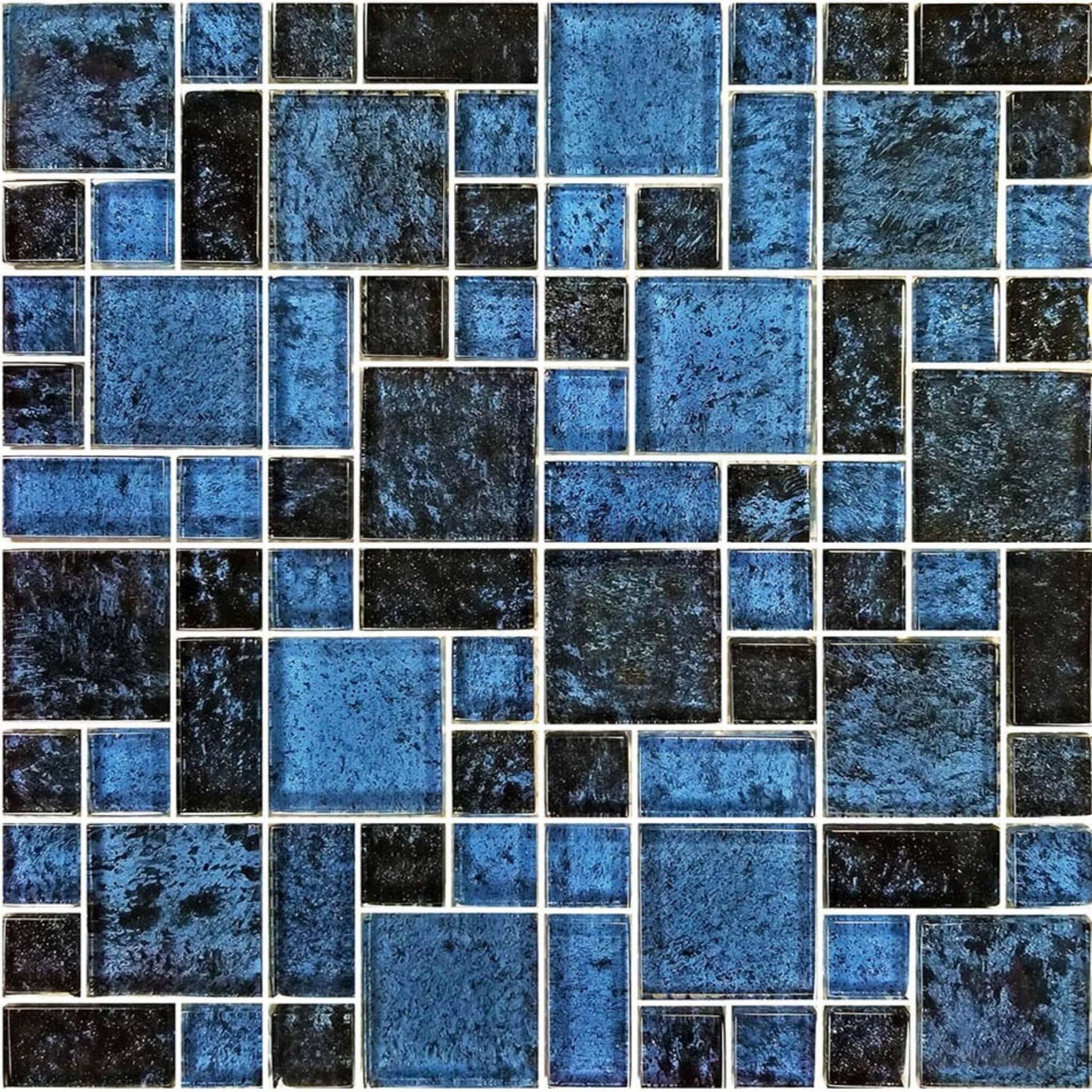 Artistry in Mosaics Nightfall Series Azure Black Mixed Glass Tiles NF6MXB21 by DPM - 1 sq ft mesh-mounted sheet.