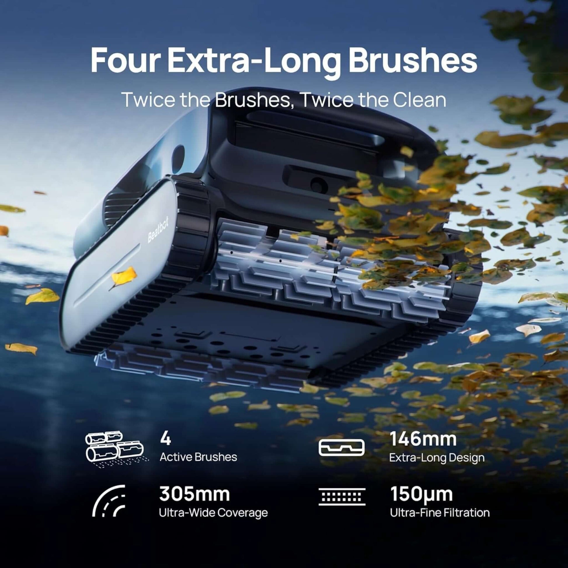 Beatbot A100 Pro with four extra-long brushes delivers twice the clean for effortless pool maintenance. Discount Pool Mart DPM.