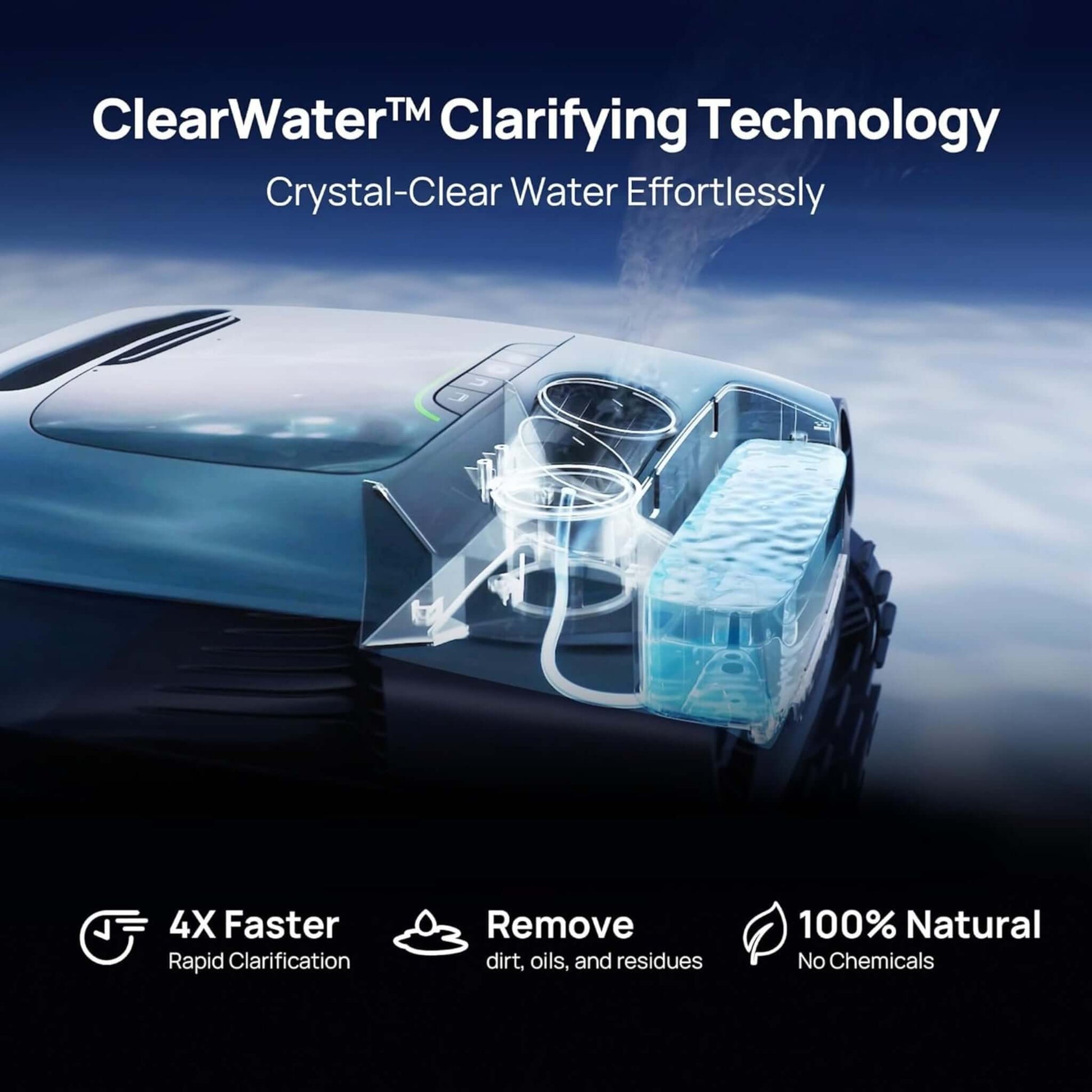ClearWater™ Clarifying Technology in Beatbot A100 Pro, ensuring crystal-clear water effortlessly and naturally.