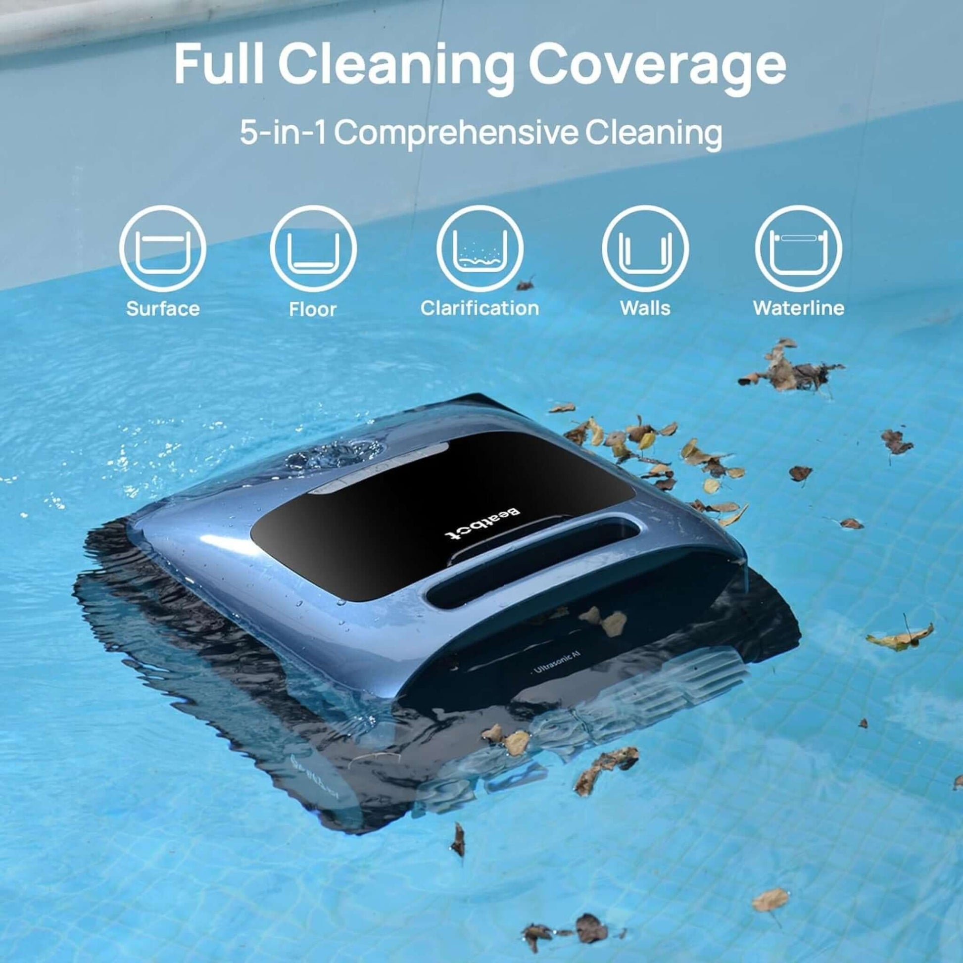 Beatbot A100 Pro cordless robotic pool cleaner showcasing full cleaning coverage for surface, floor, walls, and waterline. Discount Pool Mart DPM.
