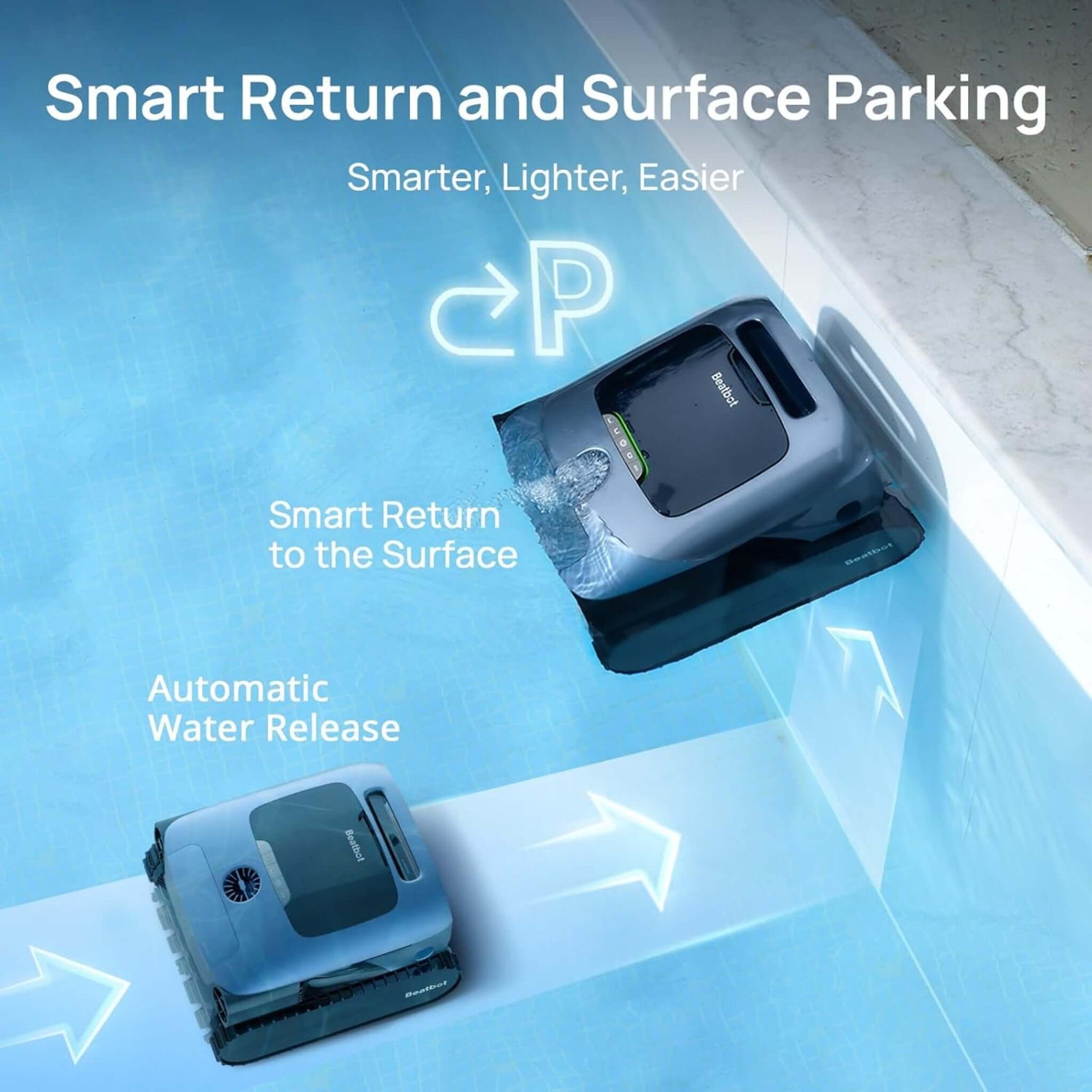 Beatbot A100 Pro pool cleaner demonstrating smart return and surface parking features in a swimming pool.