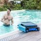 Man enjoying a pool with Beatbot robotic cleaner, featured in Discount Pool Mart DPM, enhancing pool clarity and cleanliness.