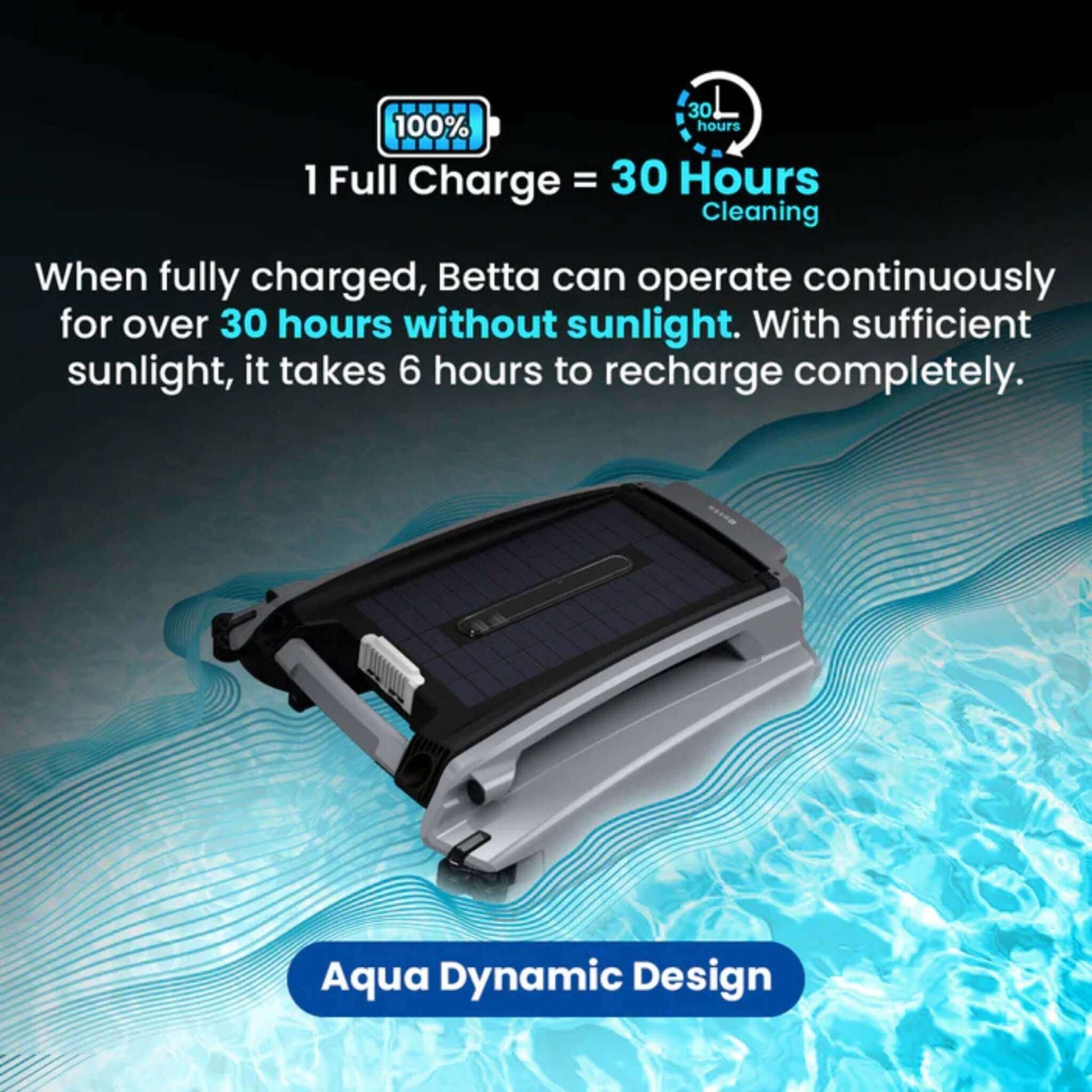 Betta SE Plus Solar-Powered Pool Skimmer at Discount Pool Mart DPM, operates 30 hours on a single charge, Aqua Dynamic Design.