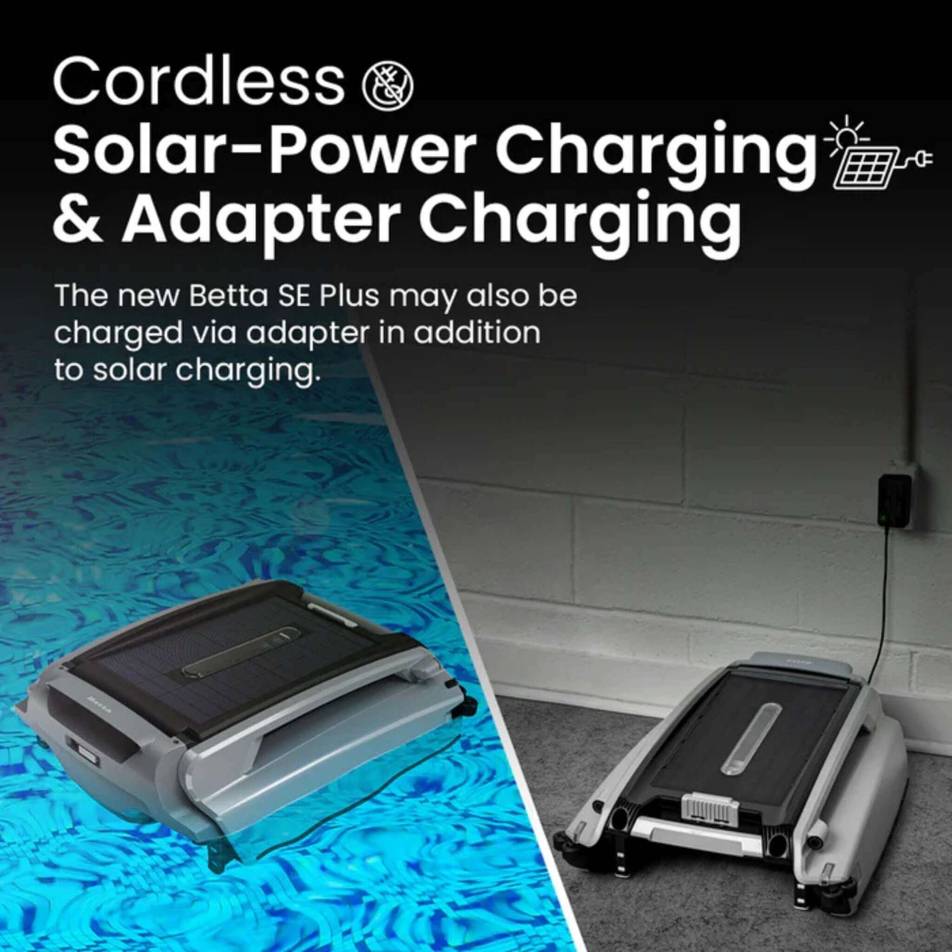 Betta SE Plus Solar Powered Smart Robotic Pool Skimmer charging via adapter at Discount Pool Mart DPM.