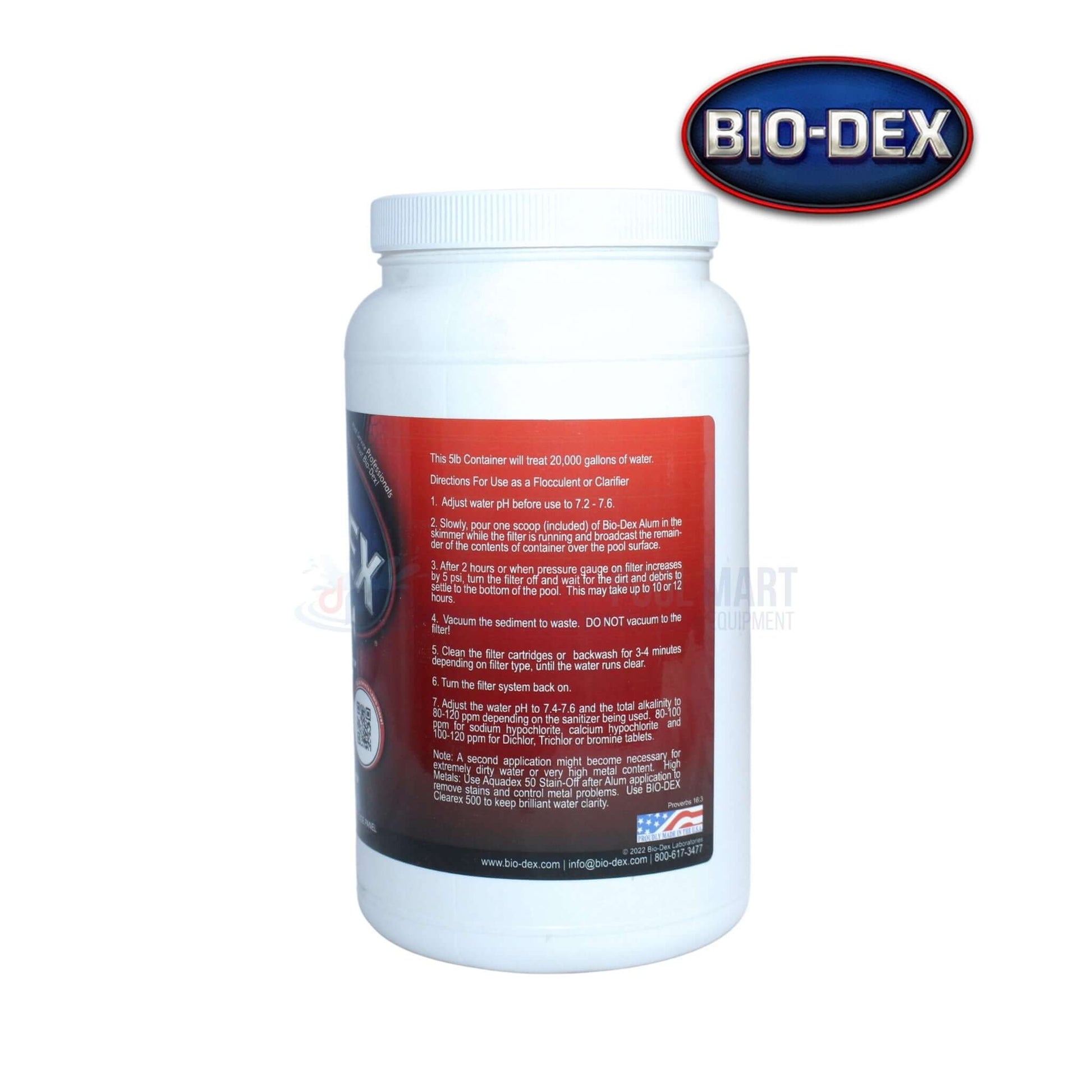 Bio-Dex Alum Flocculent Clarifier AL125 5 lbs container by Discount Pool Mart, treats up to 20000 gallons of water.