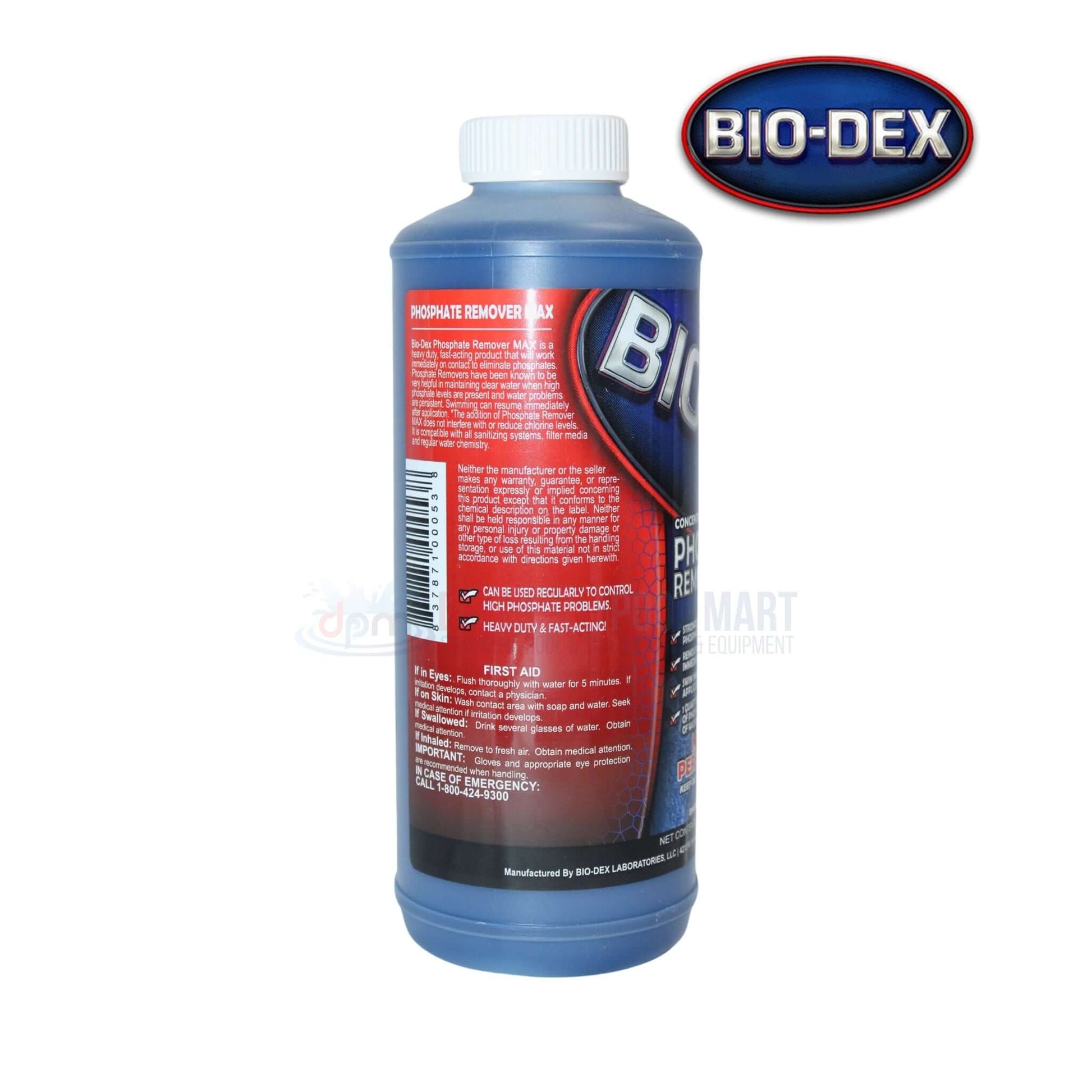 Bio-Dex Phosphate Remover Plus 32oz product from Discount Pool Mart DPM, effective against high phosphates, safe for pools.
