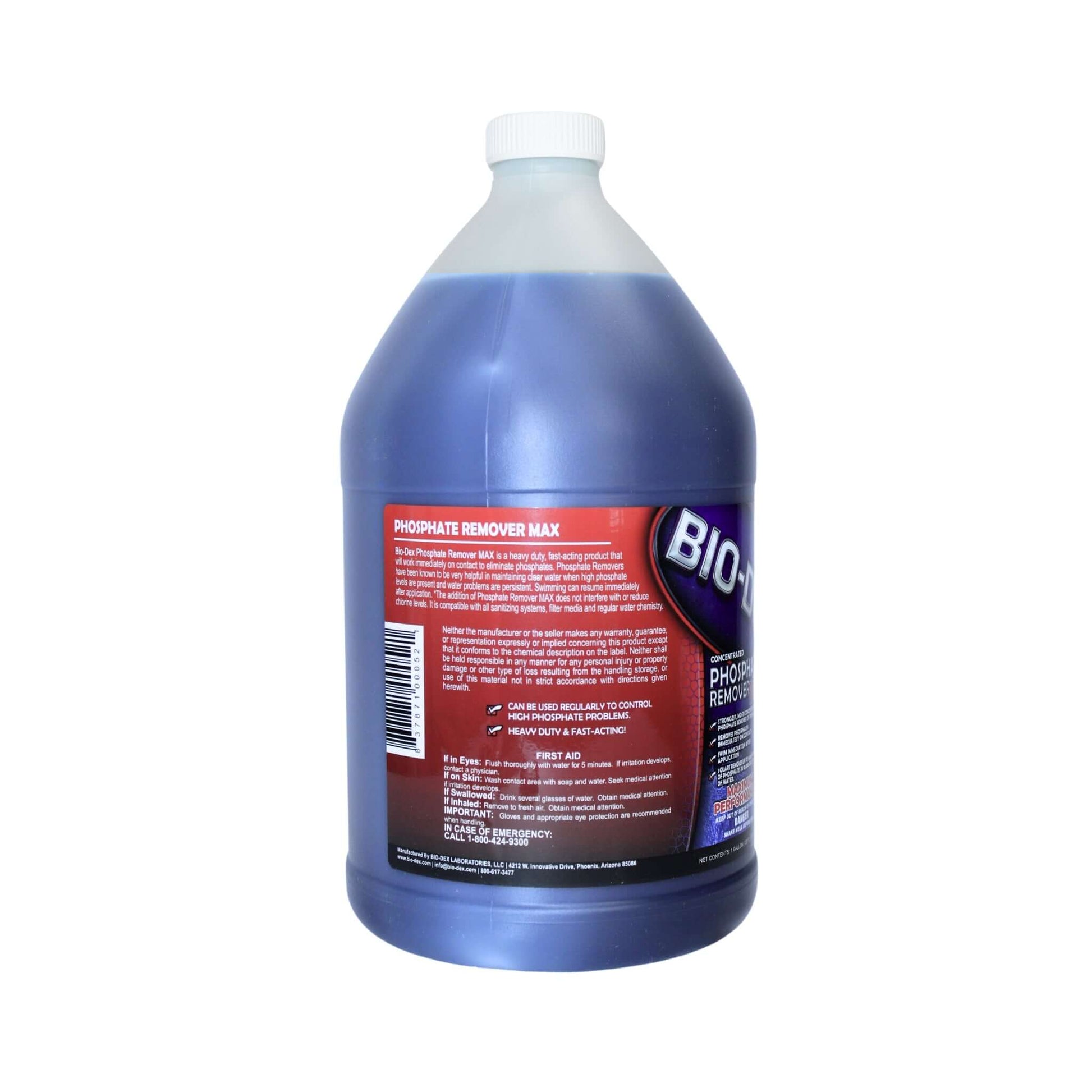 Bio-Dex Phosphate Remover Max in a 1-gallon bottle, non-hazardous formula, SKU PHOS+04, from Discount Pool Mart DPM.