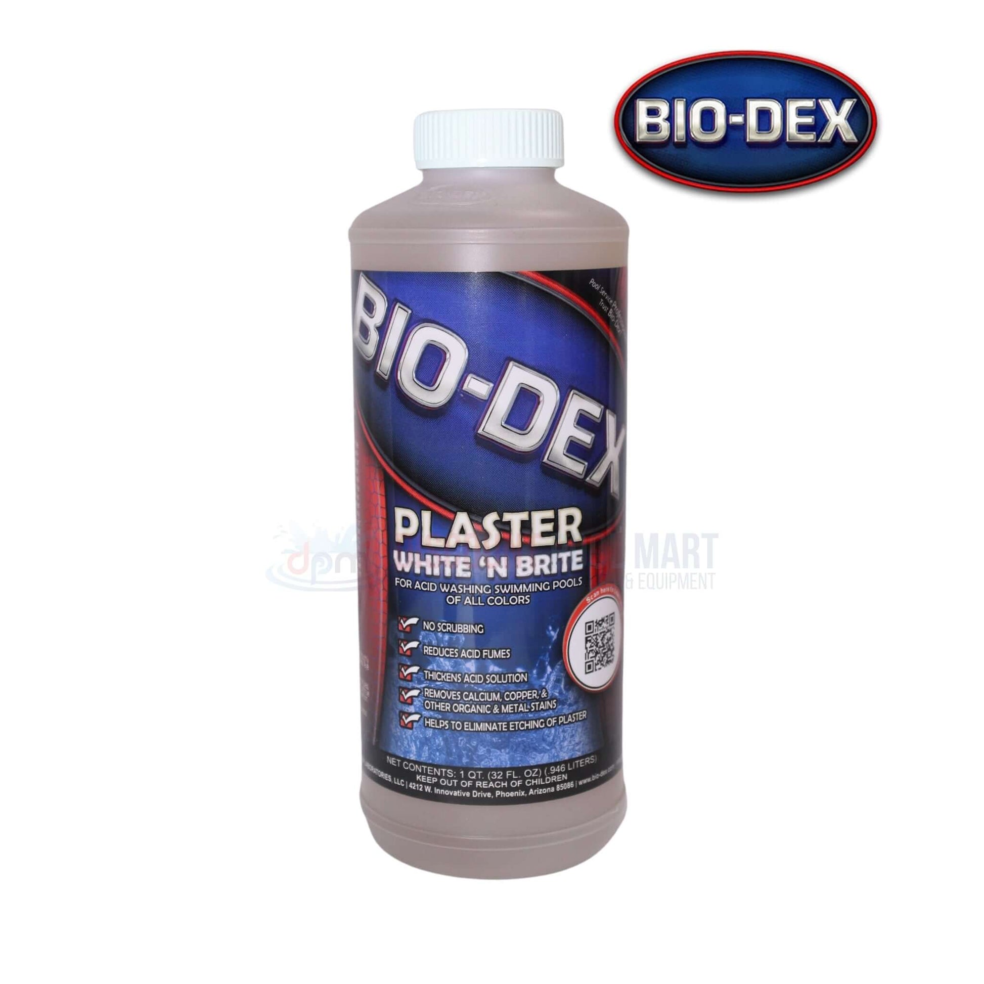 Bio-Dex Plaster White 'N Brite Acid Wash 32oz from Discount Pool Mart (DPM) enhances pool cleaning, reduces fumes.