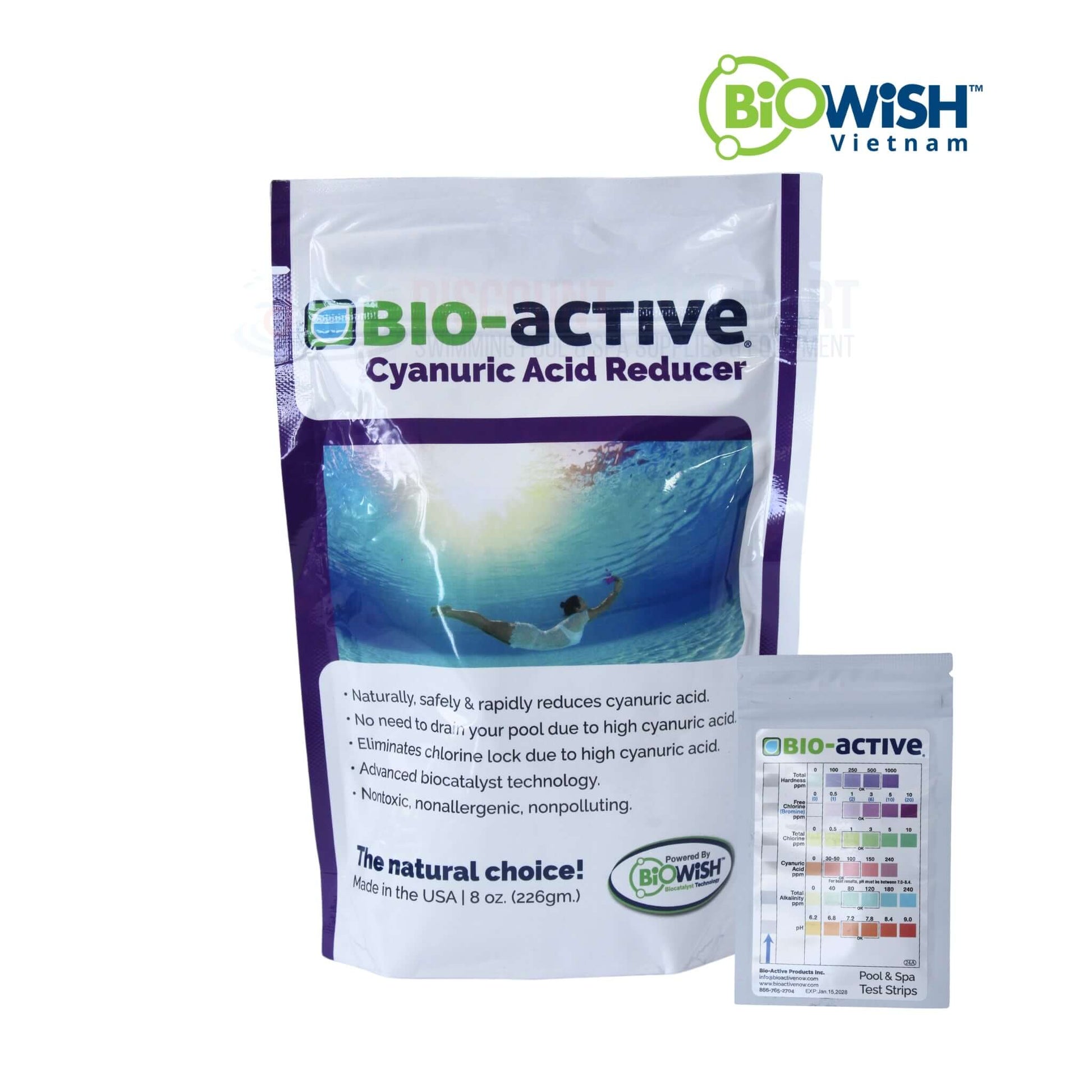 Bio Active Cyanuric Acid Reducer 8 oz by Discount Pool Mart DPM, natural solution for lowering cyanuric acid levels.