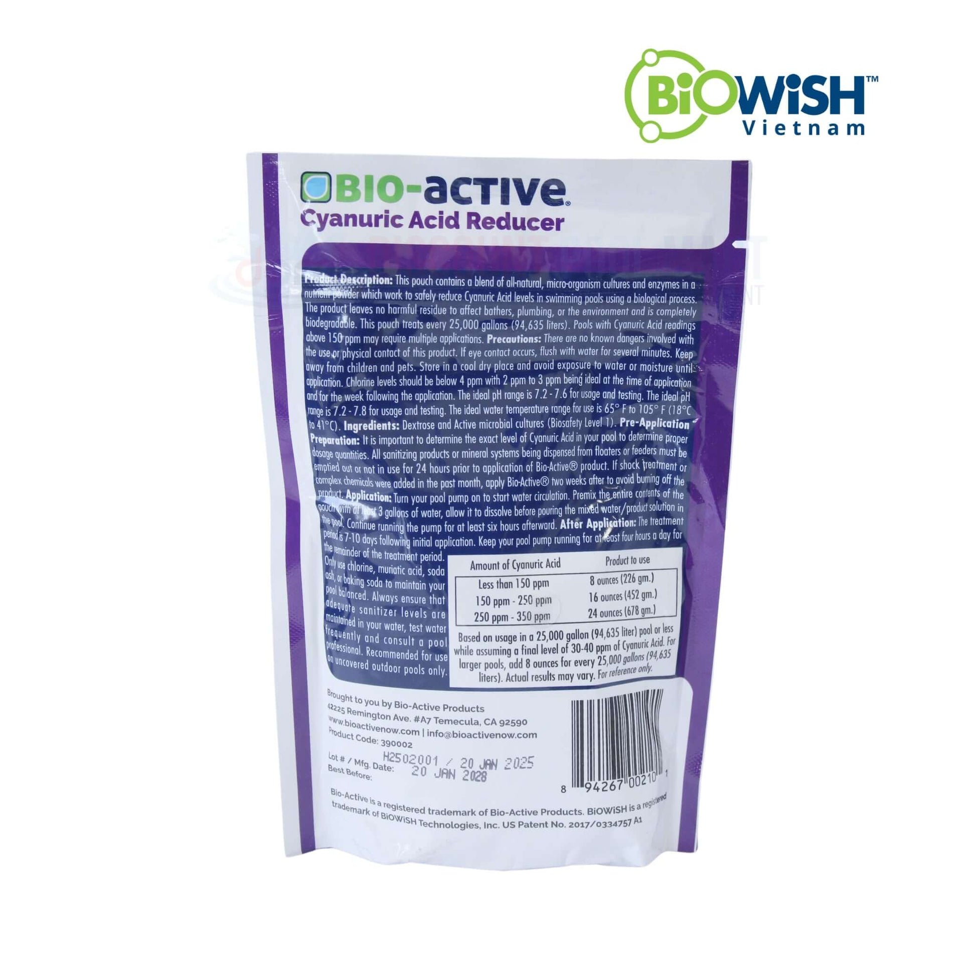 Bio-Active Cyanuric Acid Reducer 8 oz back packaging by Discount Pool Mart DPM, effective natural solution for pools.