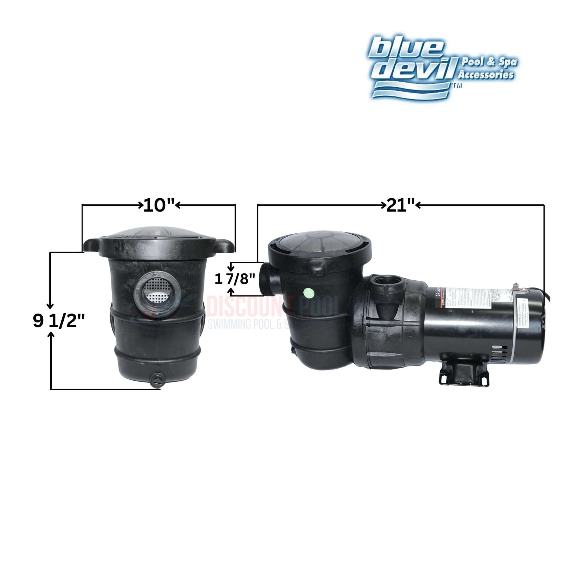 Blue Devil above ground pool pump B8375 with dimensions 10" x 21" x 9.5" from Discount Pool Mart DPM.