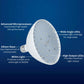 Close-up of Blue Square Cool White LED Pool Light features, showcasing advanced microprocessor, Edison base, and high output LEDs.