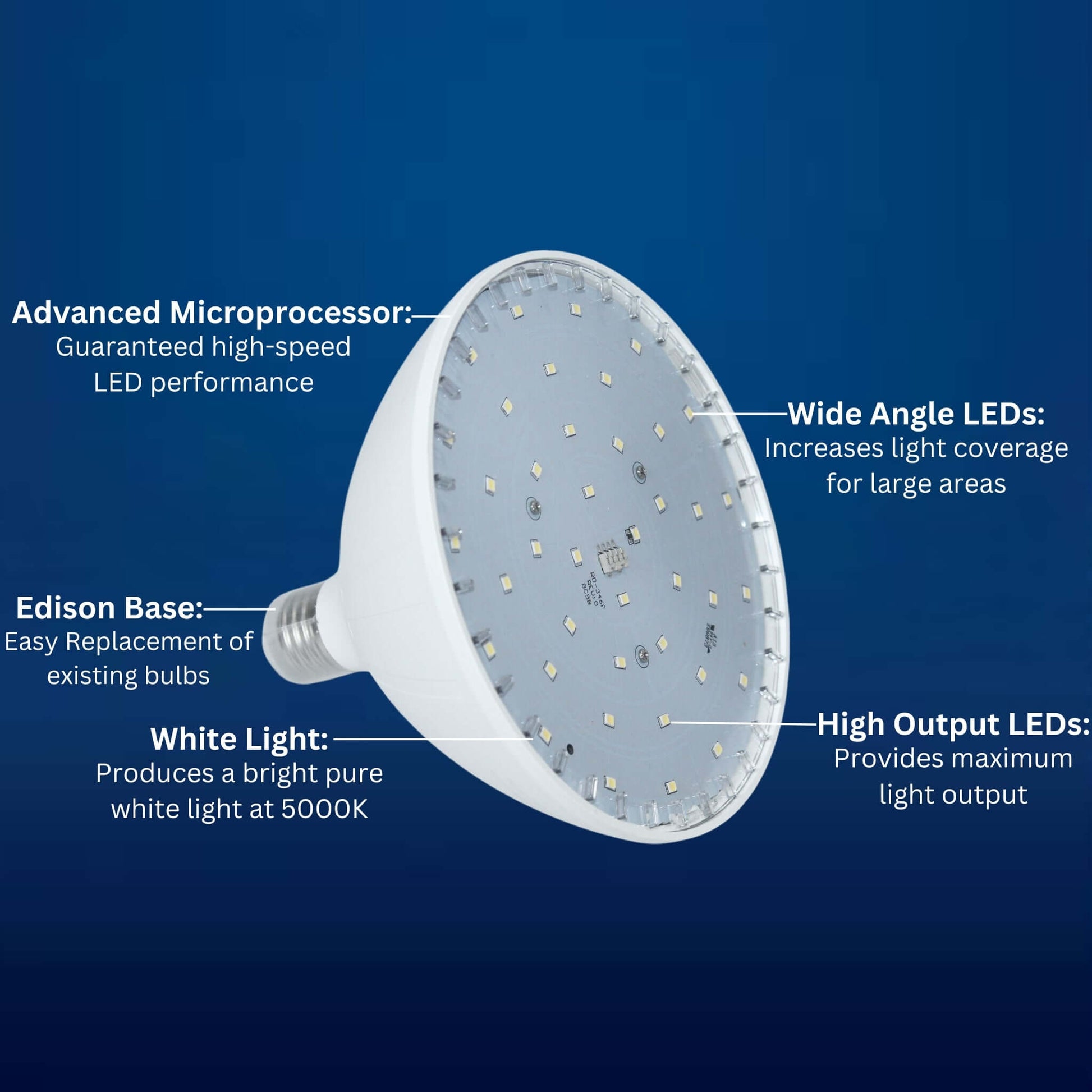 Close-up of Blue Square Cool White LED Pool Light features, showcasing advanced microprocessor, Edison base, and high output LEDs.