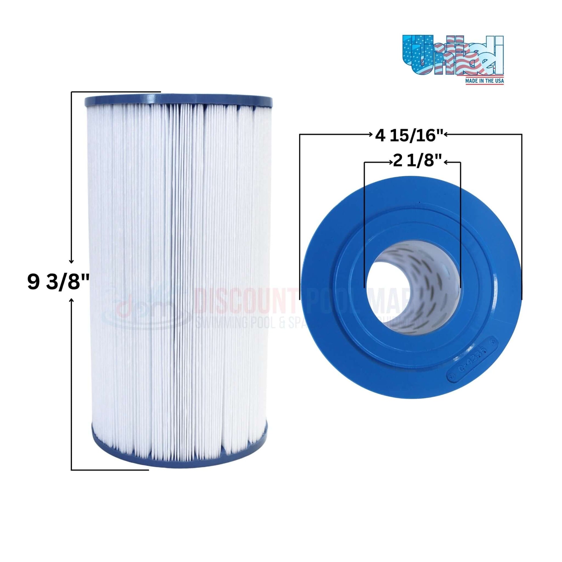 C-4335 | Unicel Pentair Rainbow Dynamic 35 filter cartridge showing dimensions, pleats, and blue end caps. Discount Pool Mart, DPM.