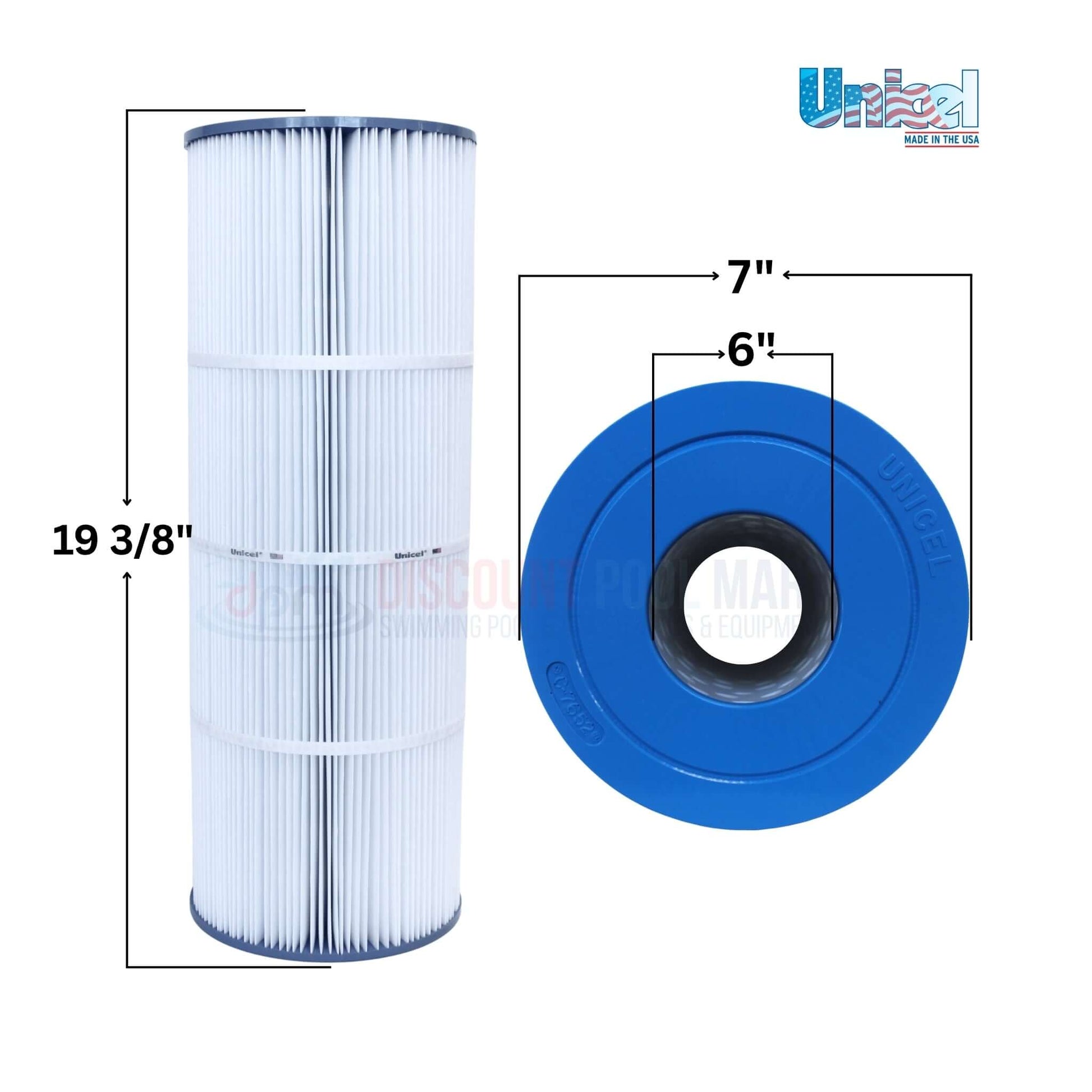 C-7652 | Unicel Swimquip/Posi-Clean 50 Sq. Ft. Cartridge with 7" diameter and detailed dimensions, from Discount Pool Mart.