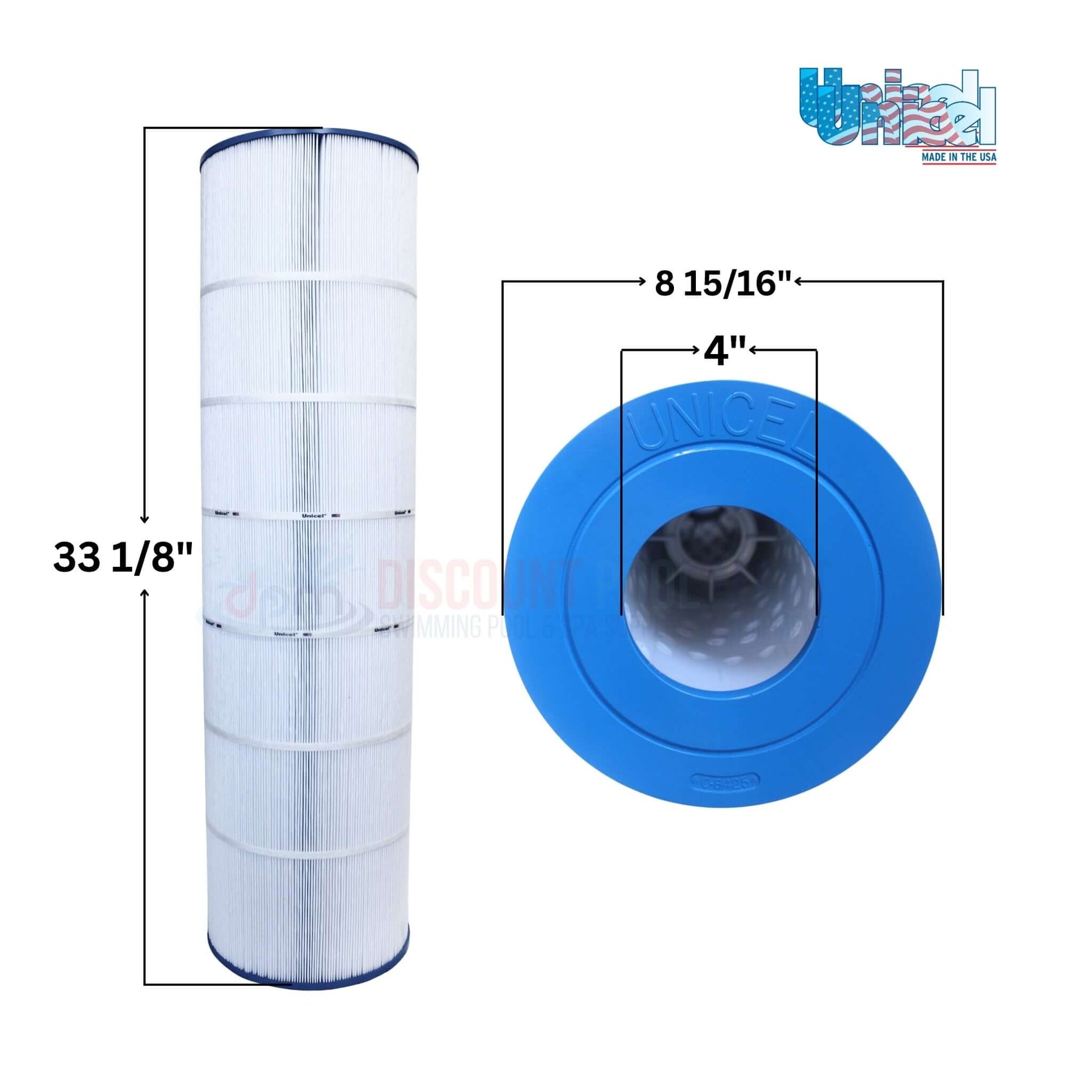 C-8425 | Unicel Jandy CS250 250 Sq. Ft. Cartridge | R0462500, showing dimensions 33⅛" x 8 15⁄16", blue top, from Discount Pool Mart.