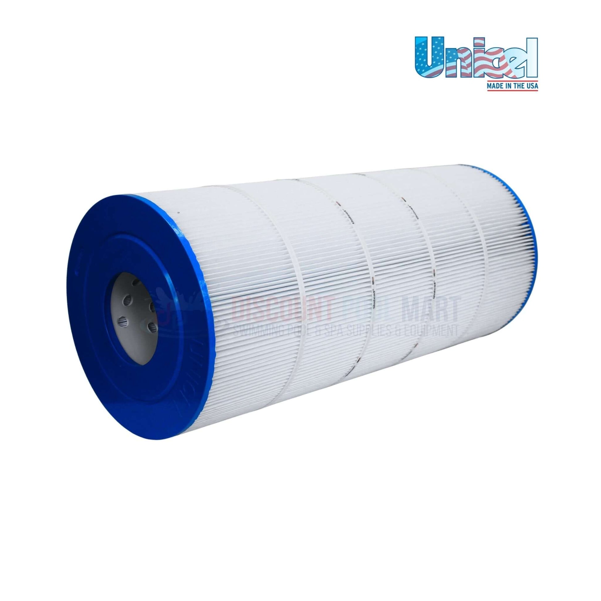 C-9441 | Unicel Hayward C150S 150 Sq. Ft. Cartridge | CX150XRE from Discount Pool Mart, side view with blue end cap, showcasing pleated filter media.