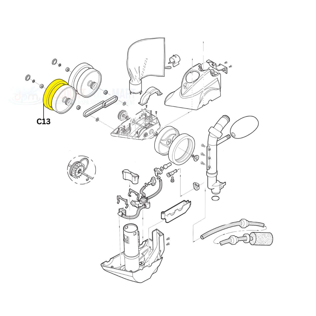 Exploded view of C13 Polaris PosiTrax Tire and parts for 360, 380 cleaners, from Discount Pool Mart, ideal swimming pool supplies.