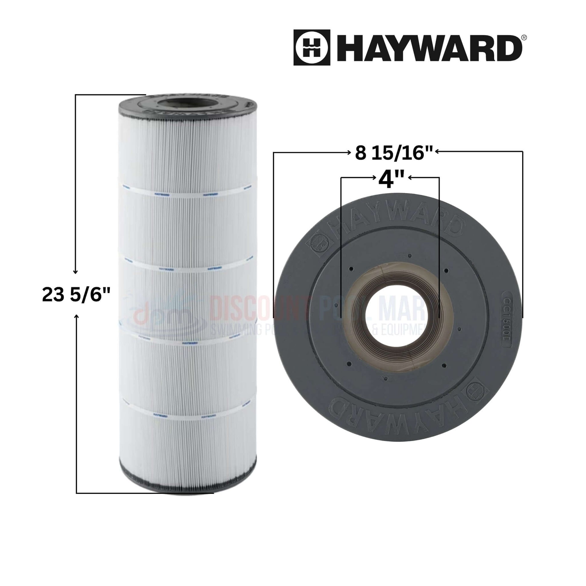 CCX1500RE | Hayward 150 Sq. Ft. XStream CC1500 Filter Cartridge dimensions, front view; 23-5/16 inches tall and 8-15/16 inches wide; from Discount Pool Mart.